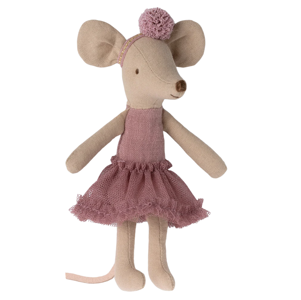 A toy mouse dressed as a ballerina with a heather gray tutu and headband, standing upright.