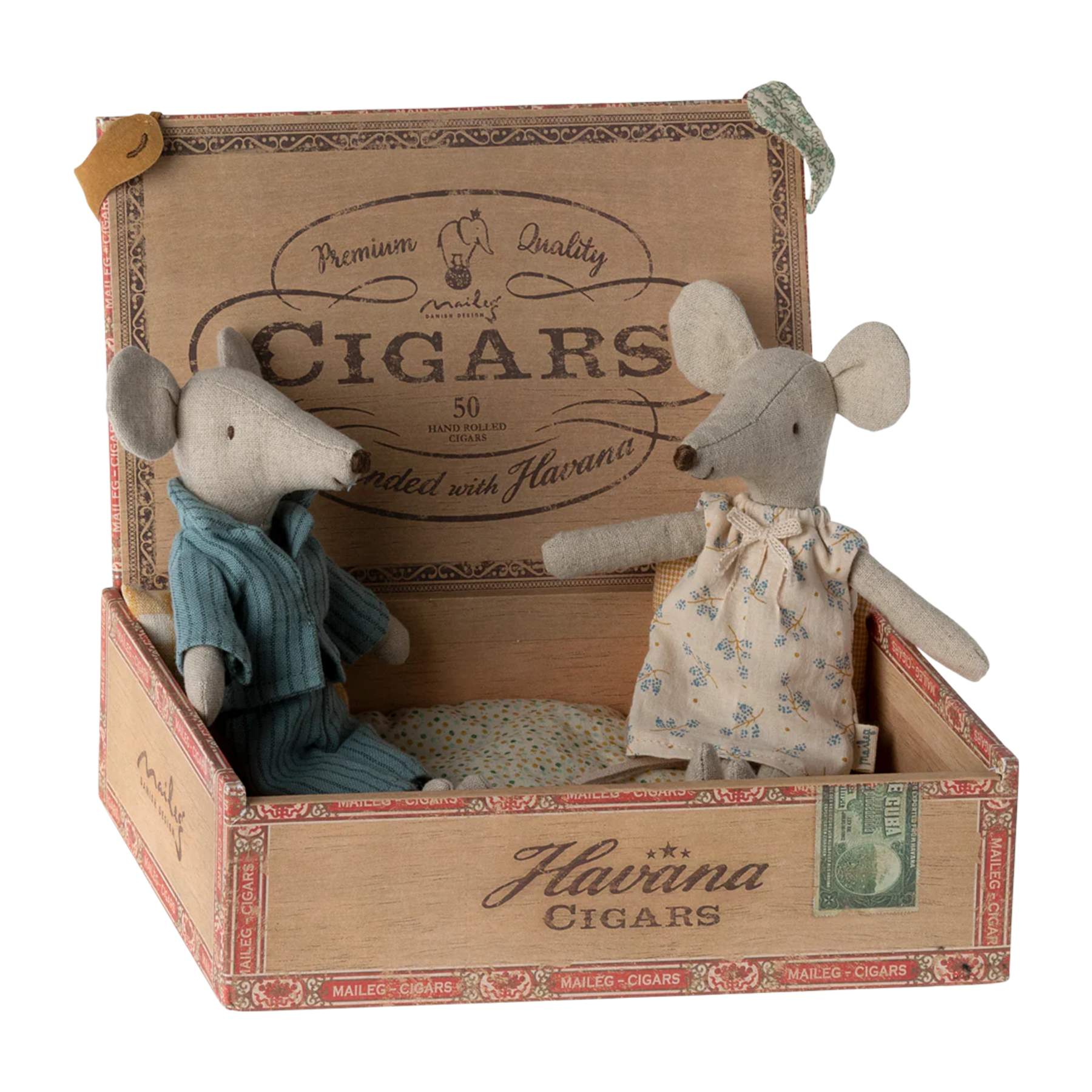 Two toy mice in a decorative cigar box with 'Havana Cigars' branding.