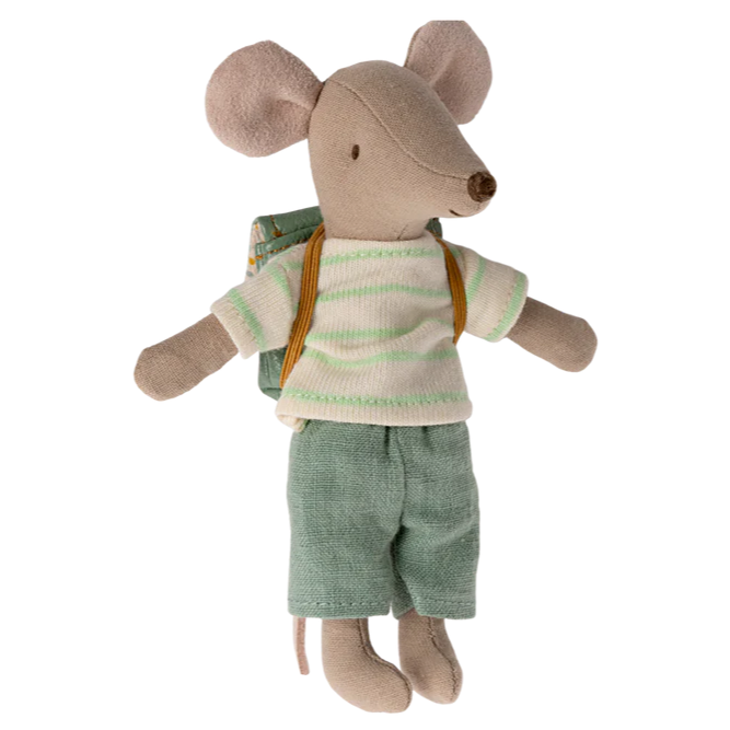A plush toy resembling a mouse dressed in a green and white striped shirt and gray pants, with a backpack, standing upright.