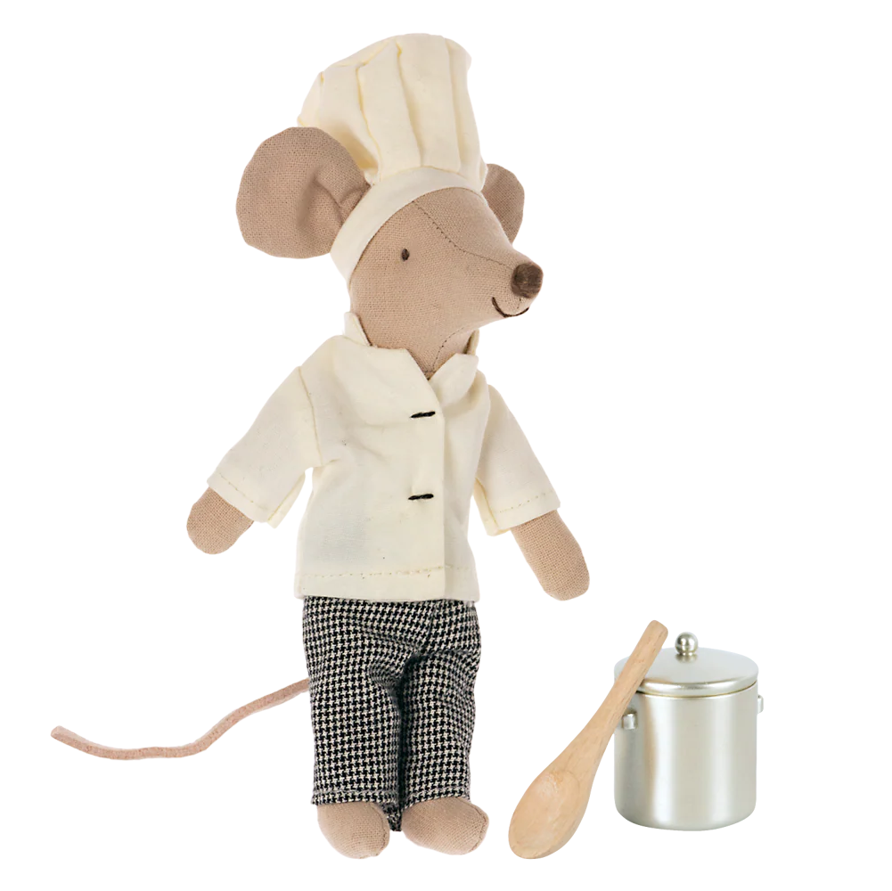 Stuffed mouse toy dressed as a chef with kitchen utensils on a white background