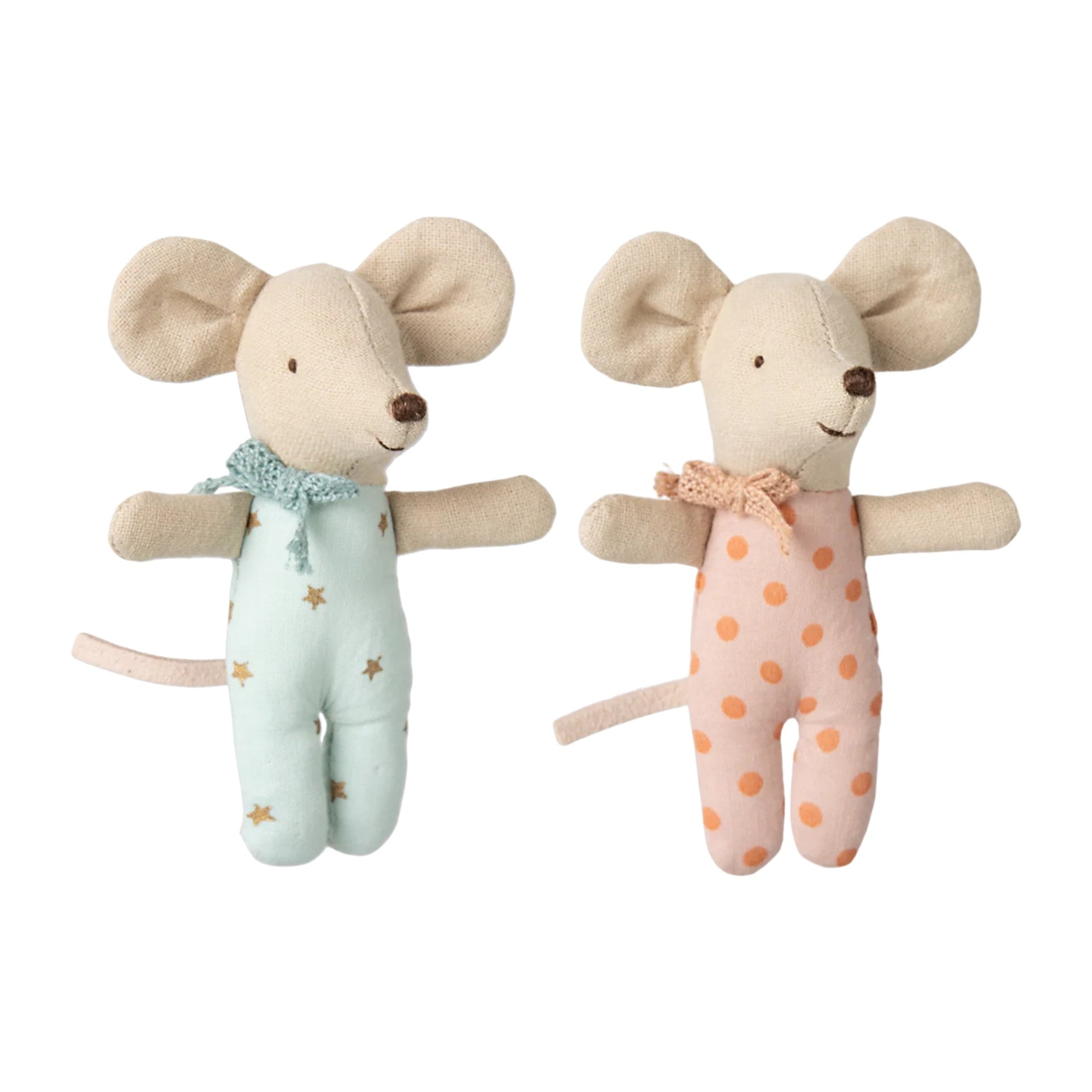 Two plush mouse toys, one in light blue with star pattern and the other in pink with orange dots, on a white background.