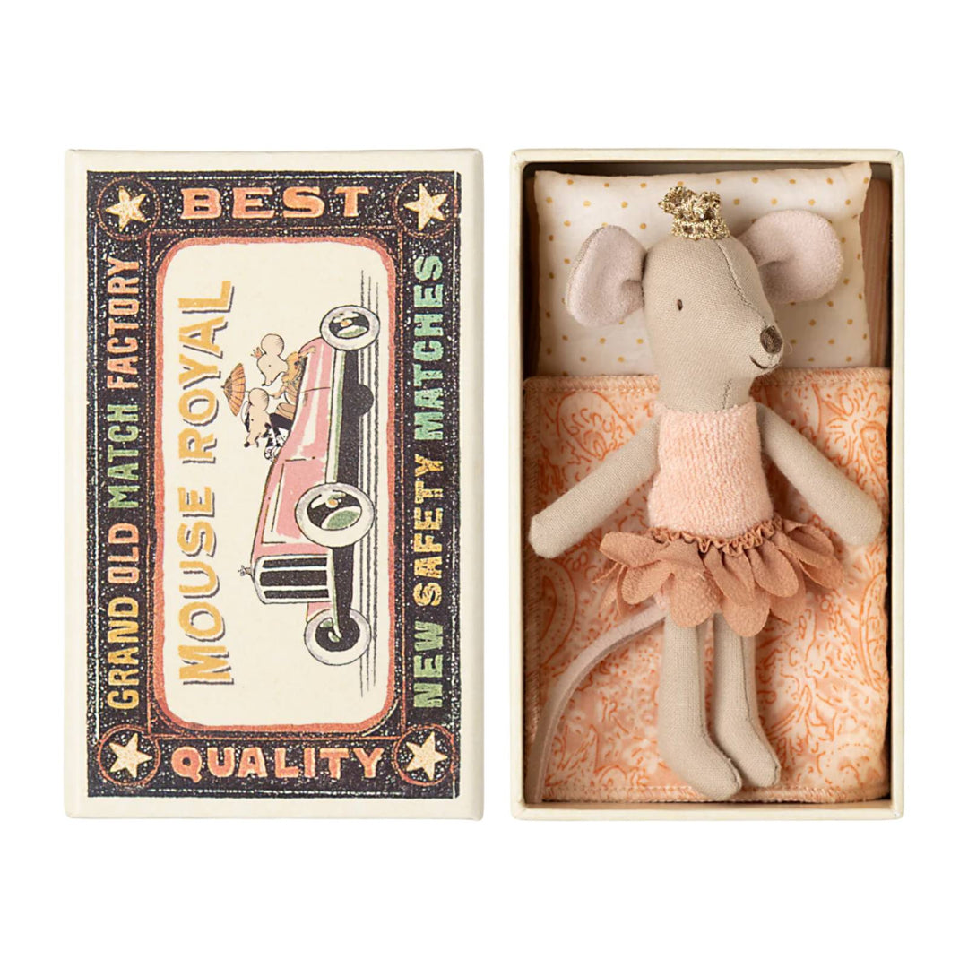 Stuffed mouse toy with a pink dress and crown inside an open matchbox labeled 'Mouse Royal'.