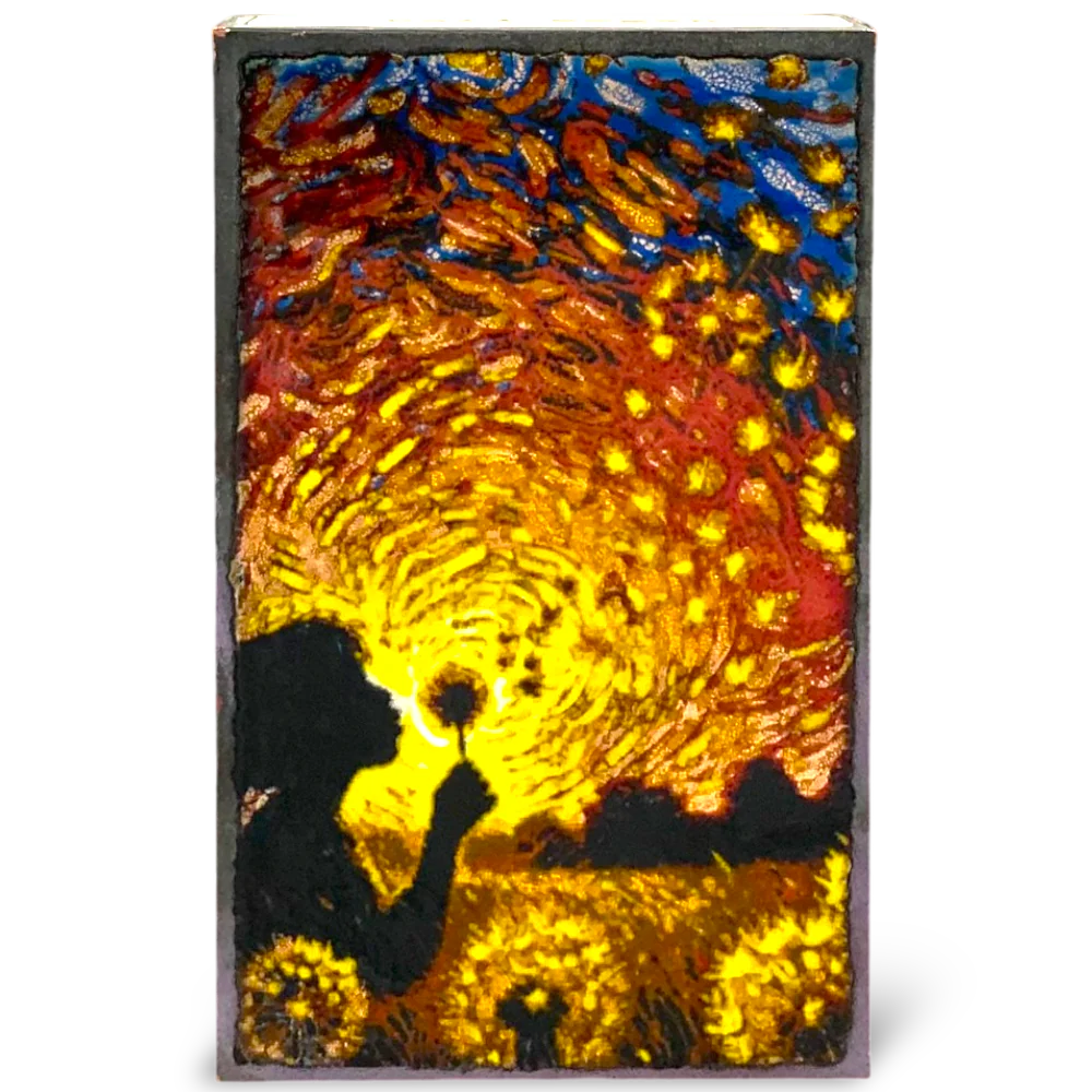 Tile a stylized depiction of a person blowing out candles against a colorful, abstract background.