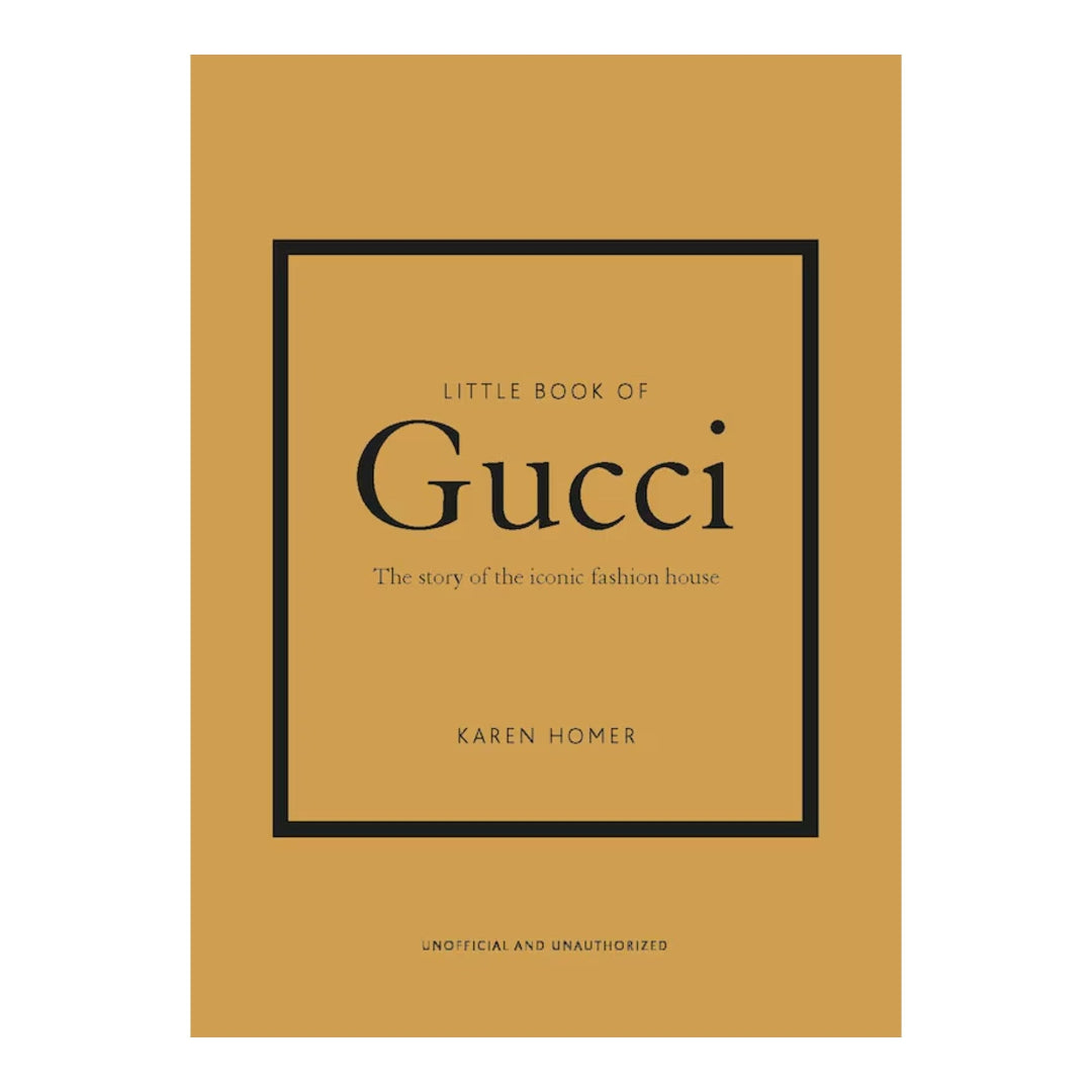 Book cover of 'Little Book of Gucci' by Karen Homer with a gold background and black text.
