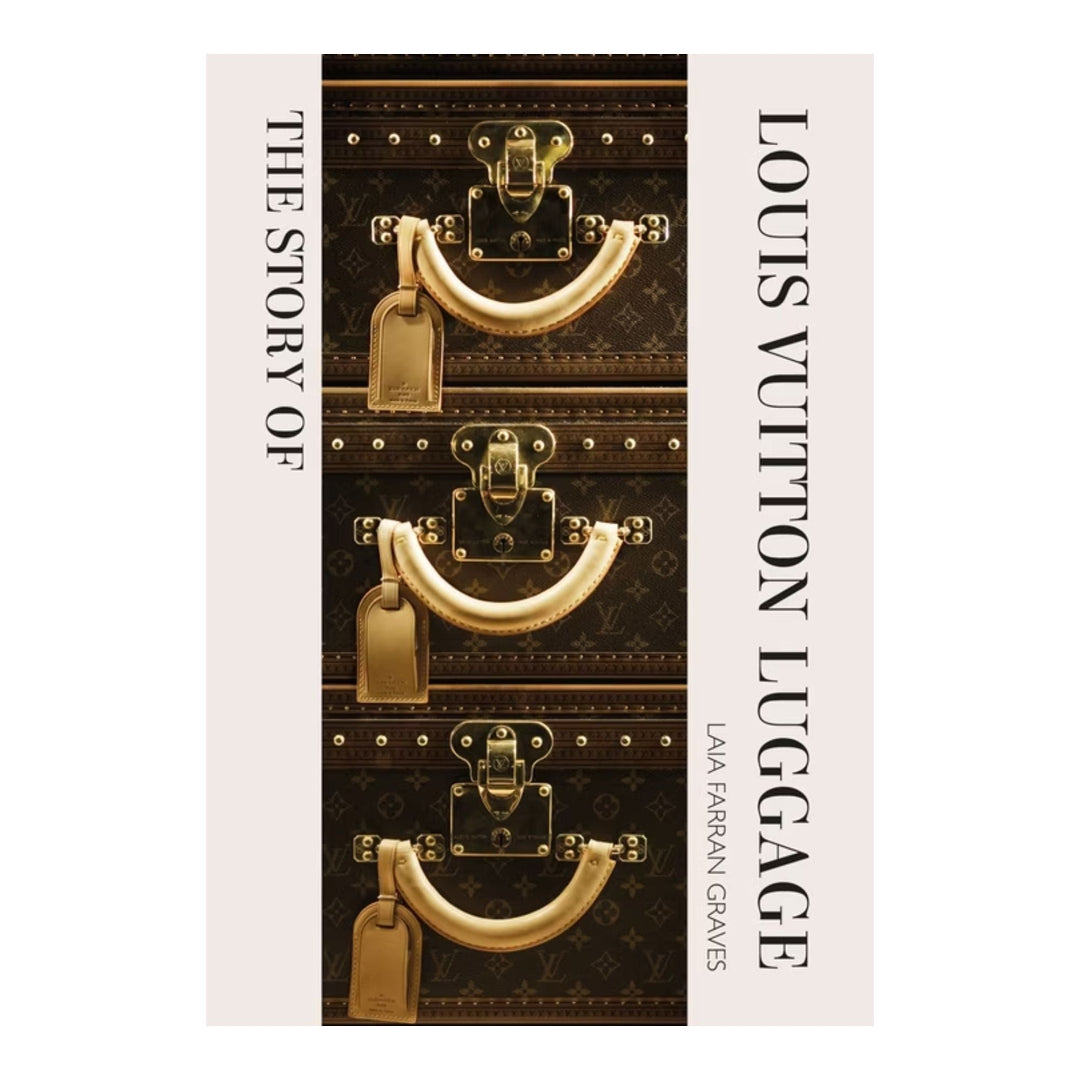 Book cover of 'The Story of Louis Vuitton Luggage' with gold luggage design and text.