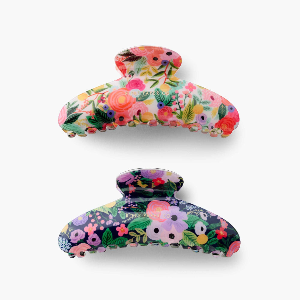 Two large hair claw clips with a floral pattern from Rifle Paper Co's Garden Party collection.