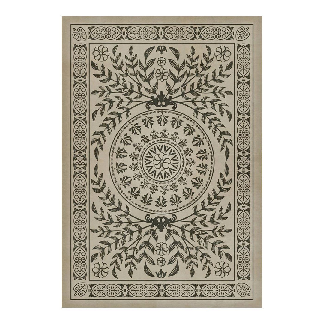 Decorative rug with intricate patterns on a beige background