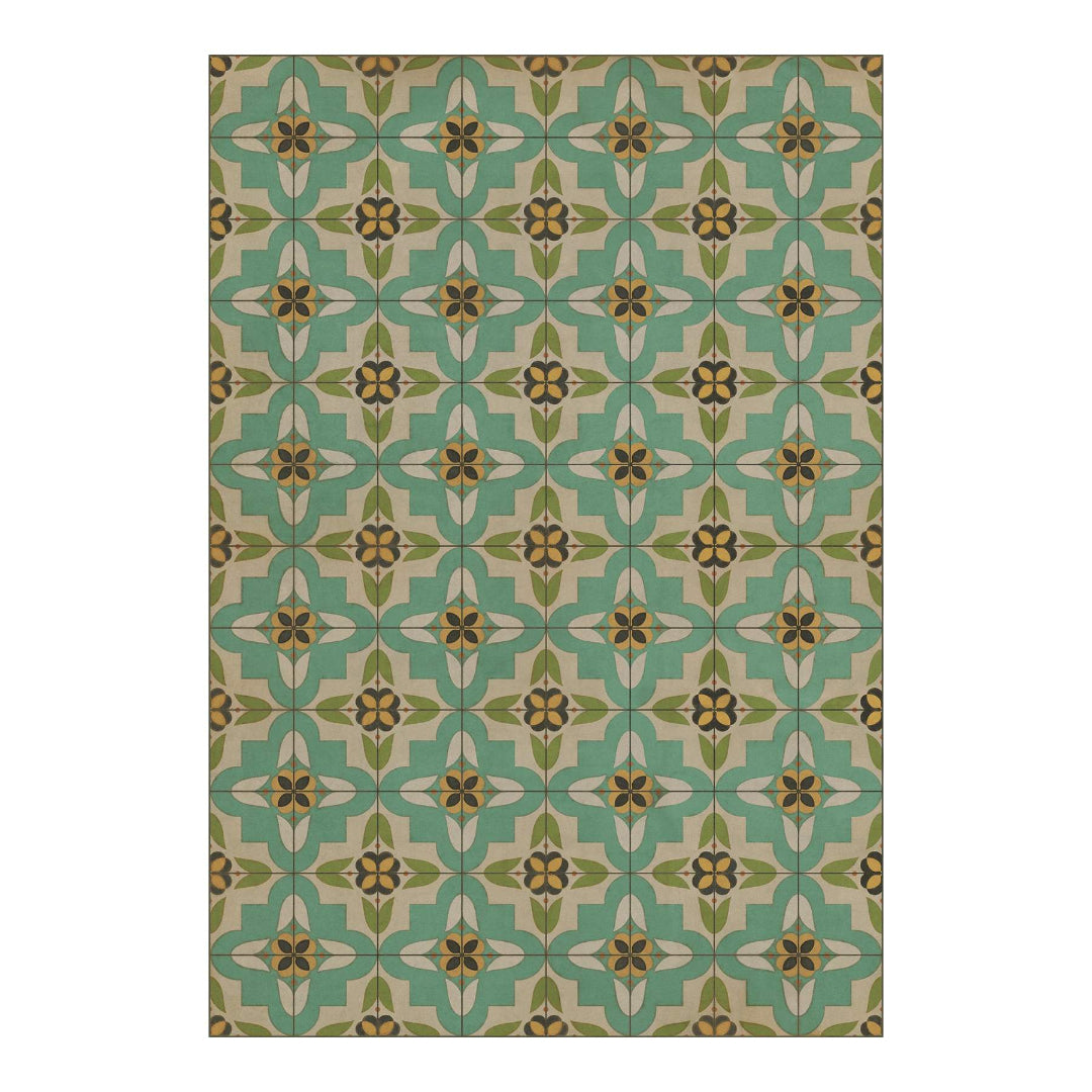 Patterned rug with geometric design on a white background