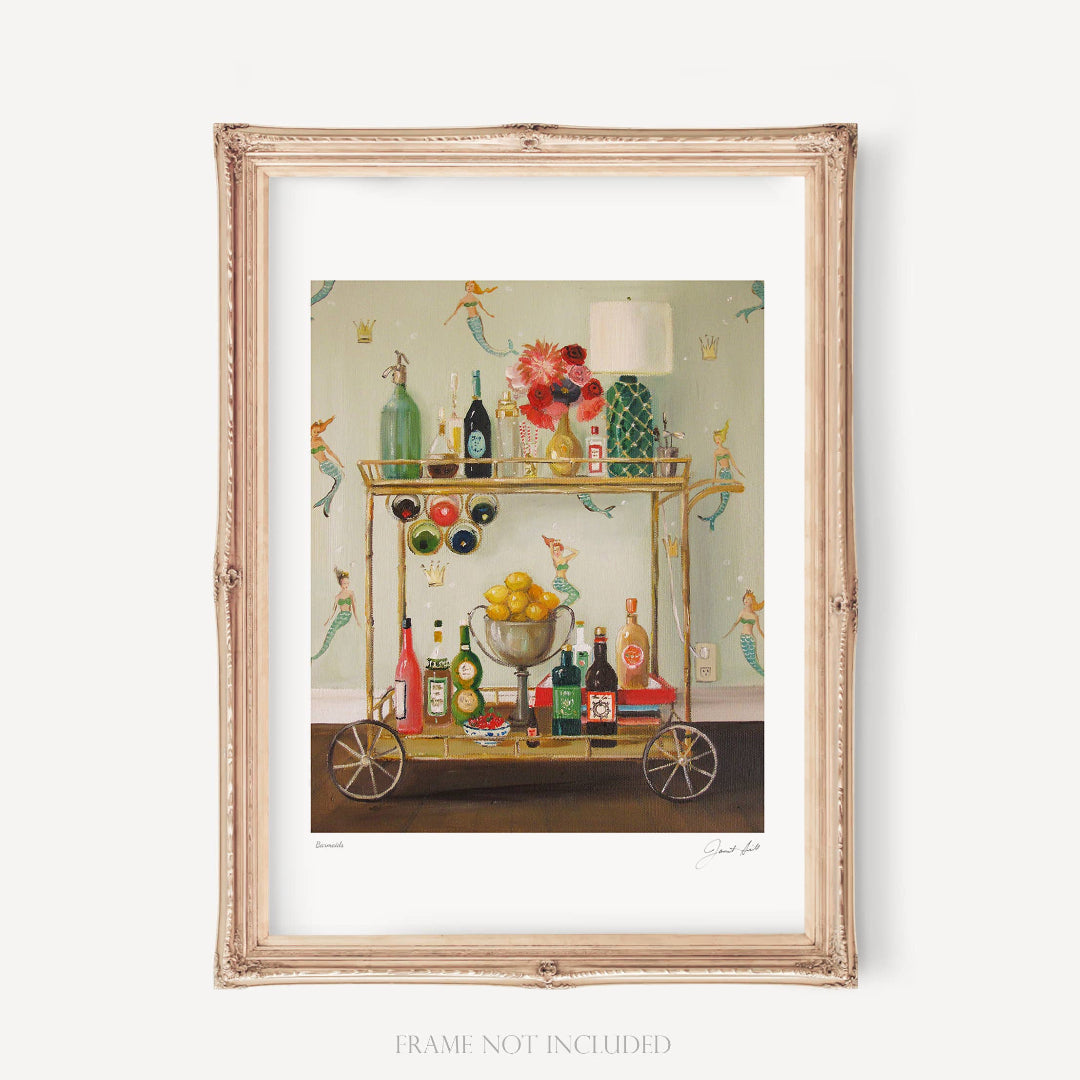 Framed artwork of a bar cart with drinks and flowers on a white background