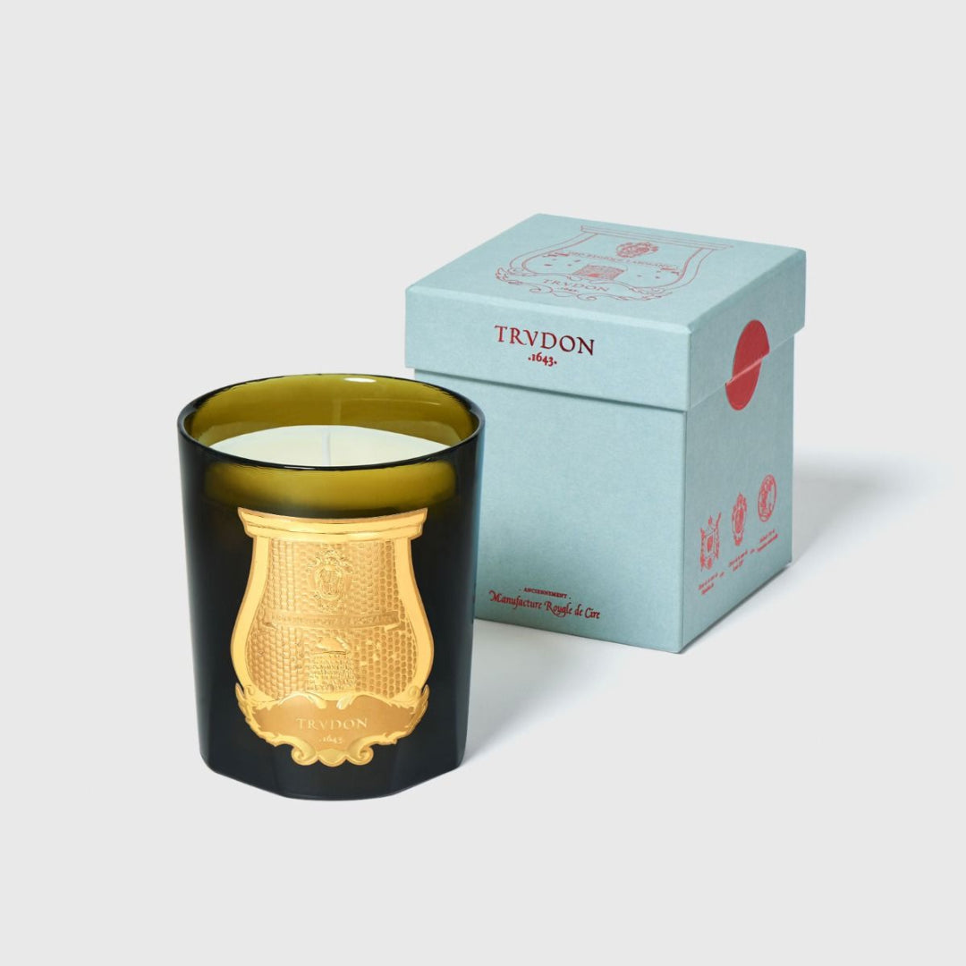 A gold-colored candle with a design on its body, alongside a blue box with 'Trudon' branding.