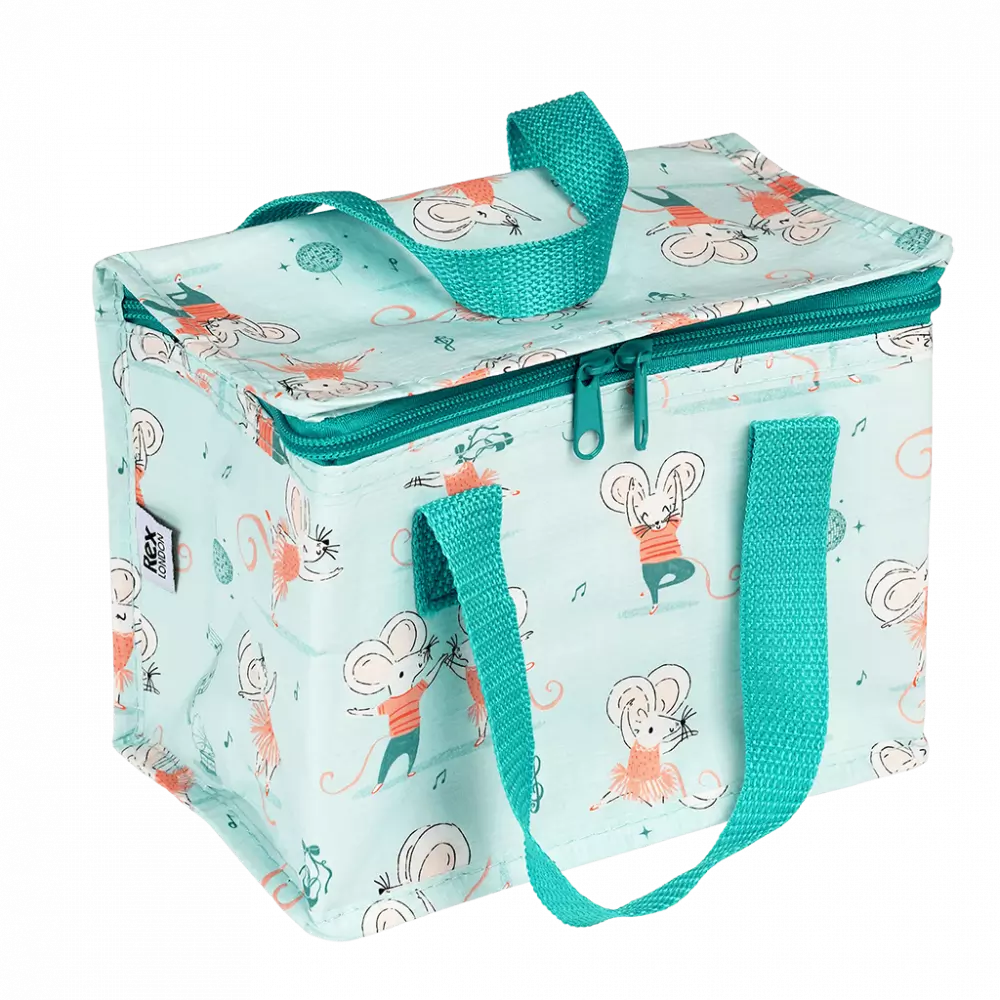 A lunch bag featuring cartoon mice in various playful poses, with a zipper closure.
