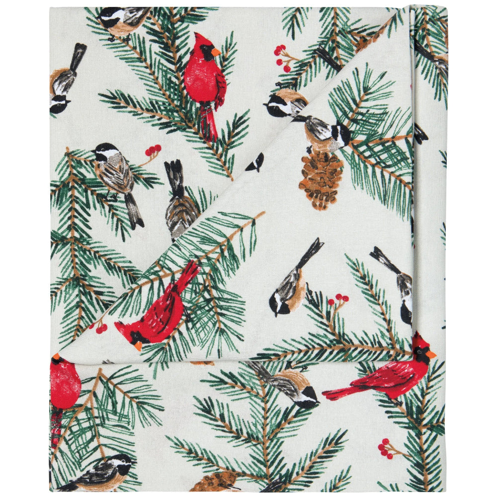 Christmas-themed fabric with birds, pine branches, and red berries on a white background