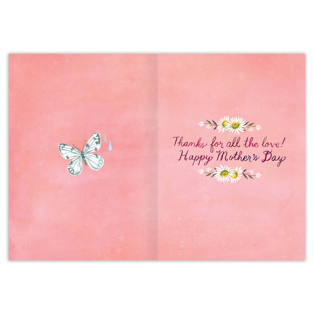 Pink Mother's Day card with butterfly and floral design on a white background