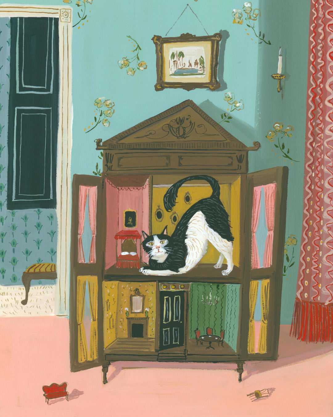Illustration of a cat inside an ornate cabinet with a decorative room inside