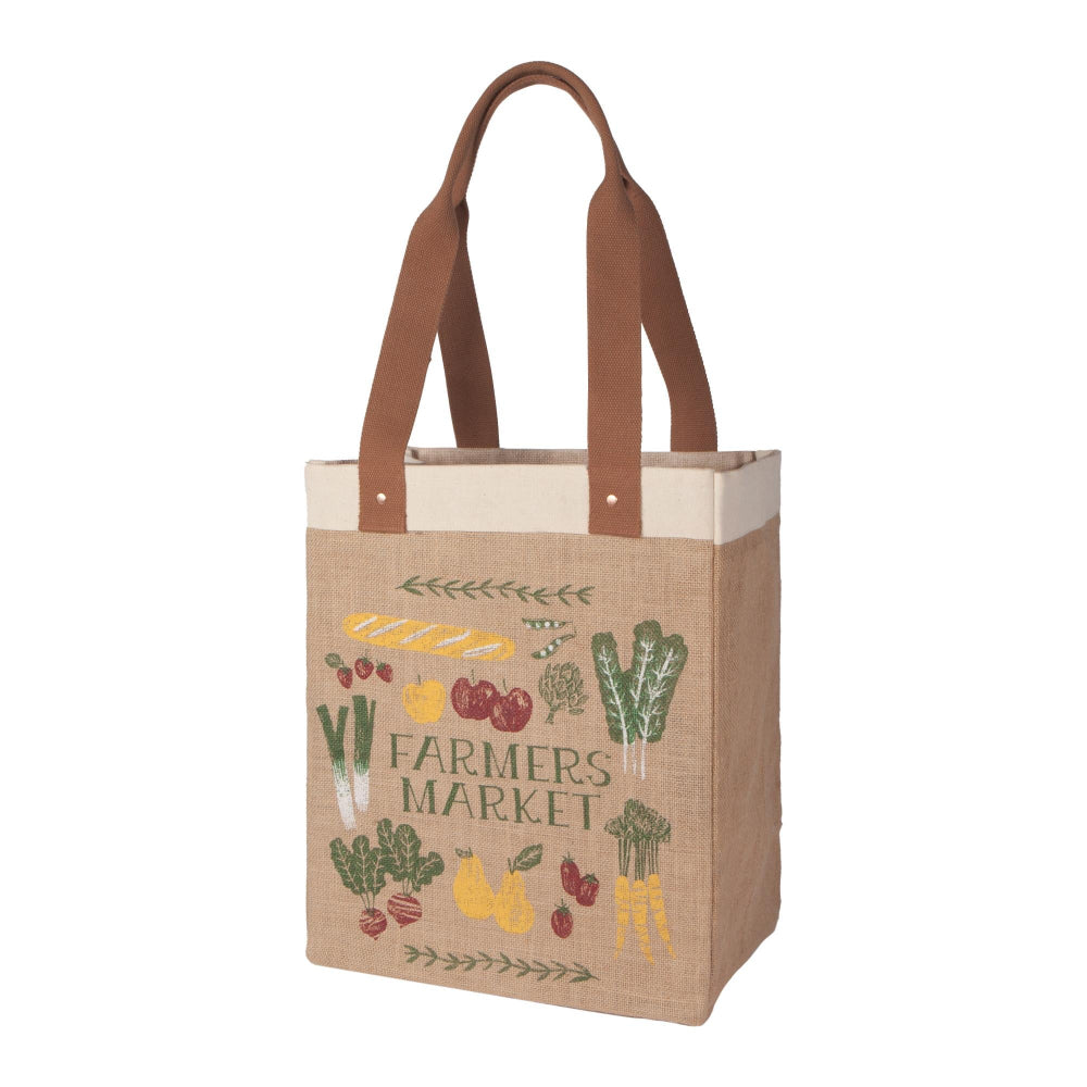Tote bag with 'Farmers Market' text and vegetable illustrations on a white background