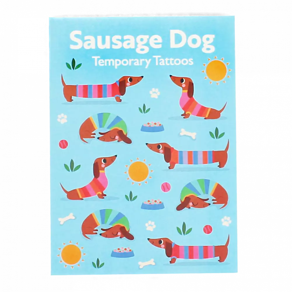 Pack of sausage dog temporary tattoos on a blue background
