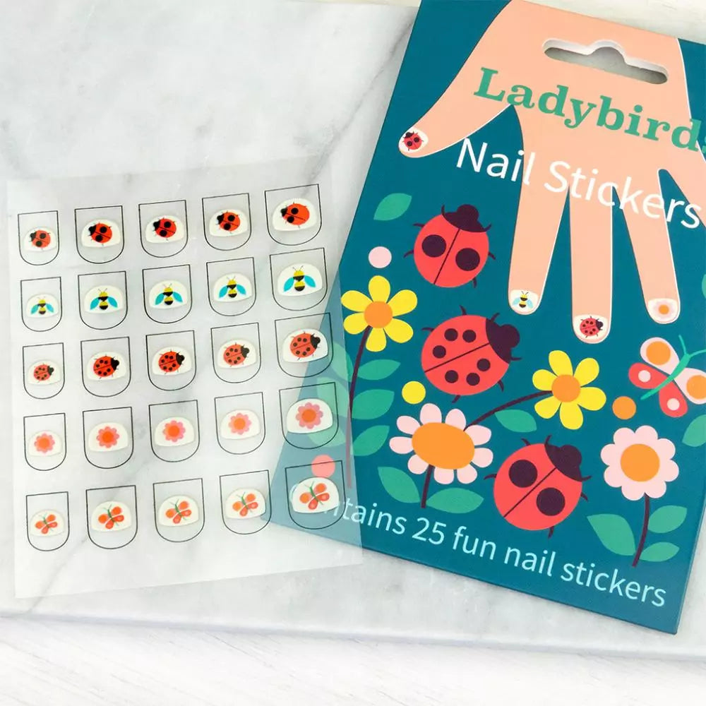 Ladybird nail stickers with packaging on a white background