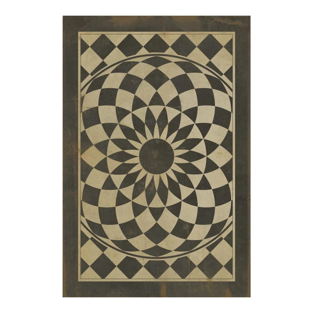 Geometric patterned rug with concentric circle design on a white background