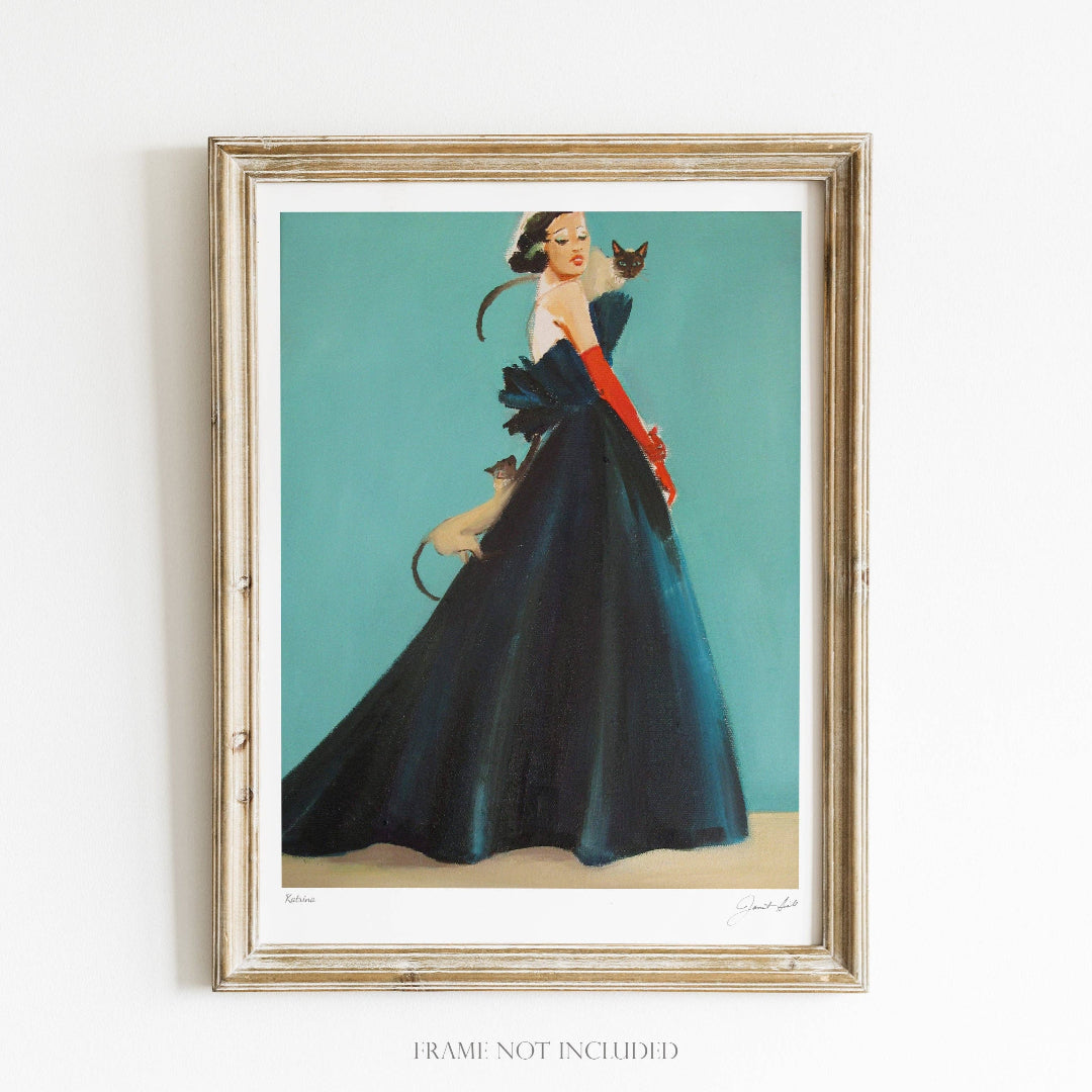 Fine art print of a woman in a formal dark blue dress with a red sash, mounted but not framed, against a light background.