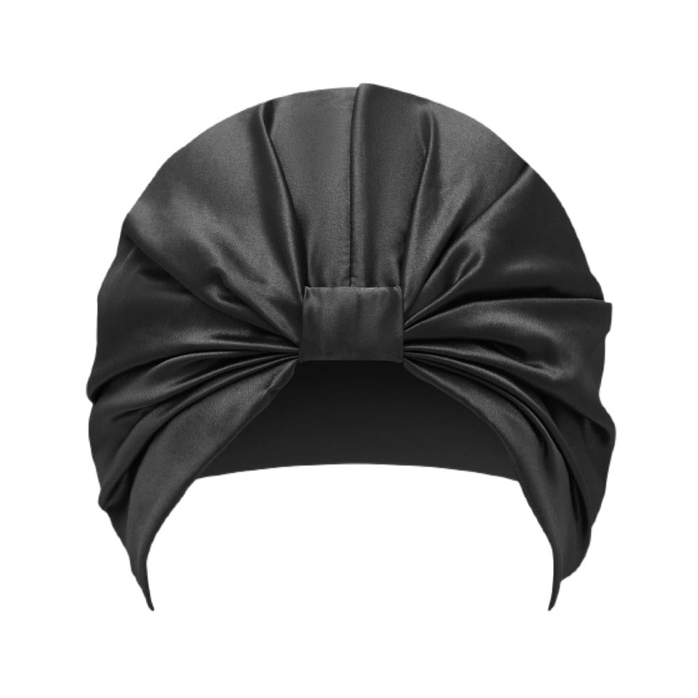 Black satin headscarf with a bow on a white background