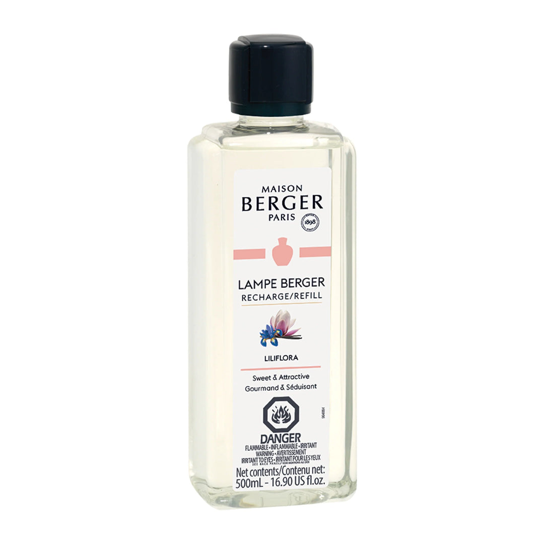 A 500ml Maison Berger fragrance diffuser refill bottle with floral design and black cap.