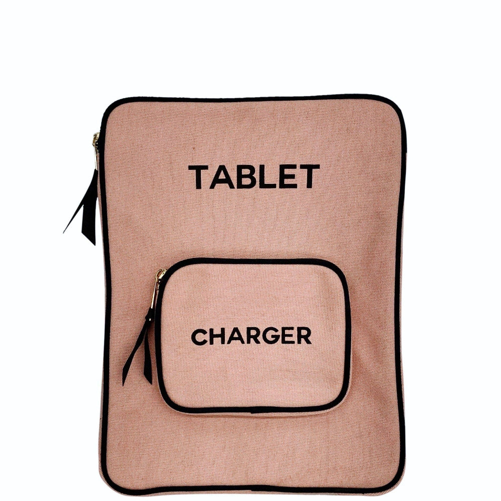 Pink tablet case with 'TABLET' and 'CHARGER' compartments on a white background