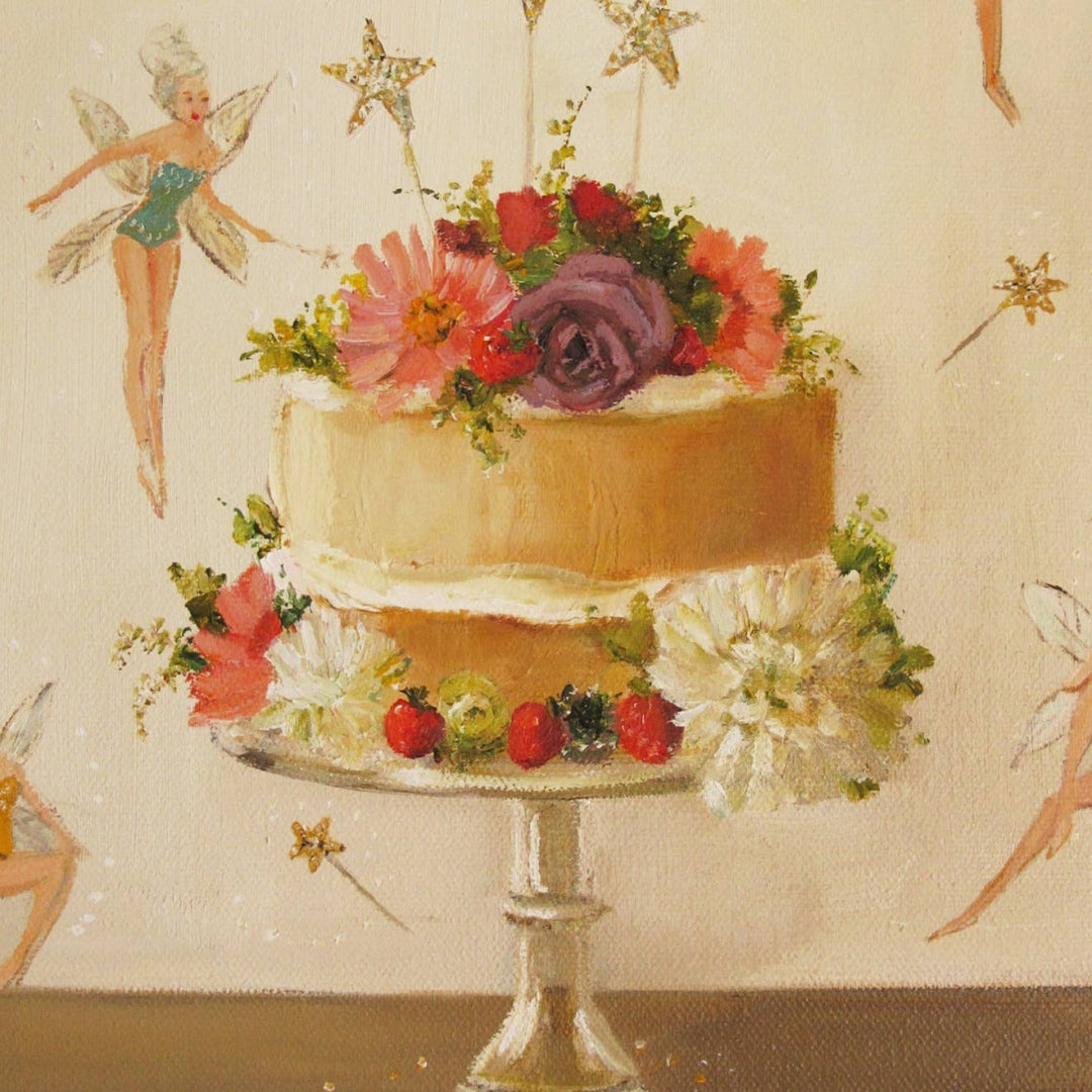 Decorative cake with flowers and fairy decorations on a patterned background