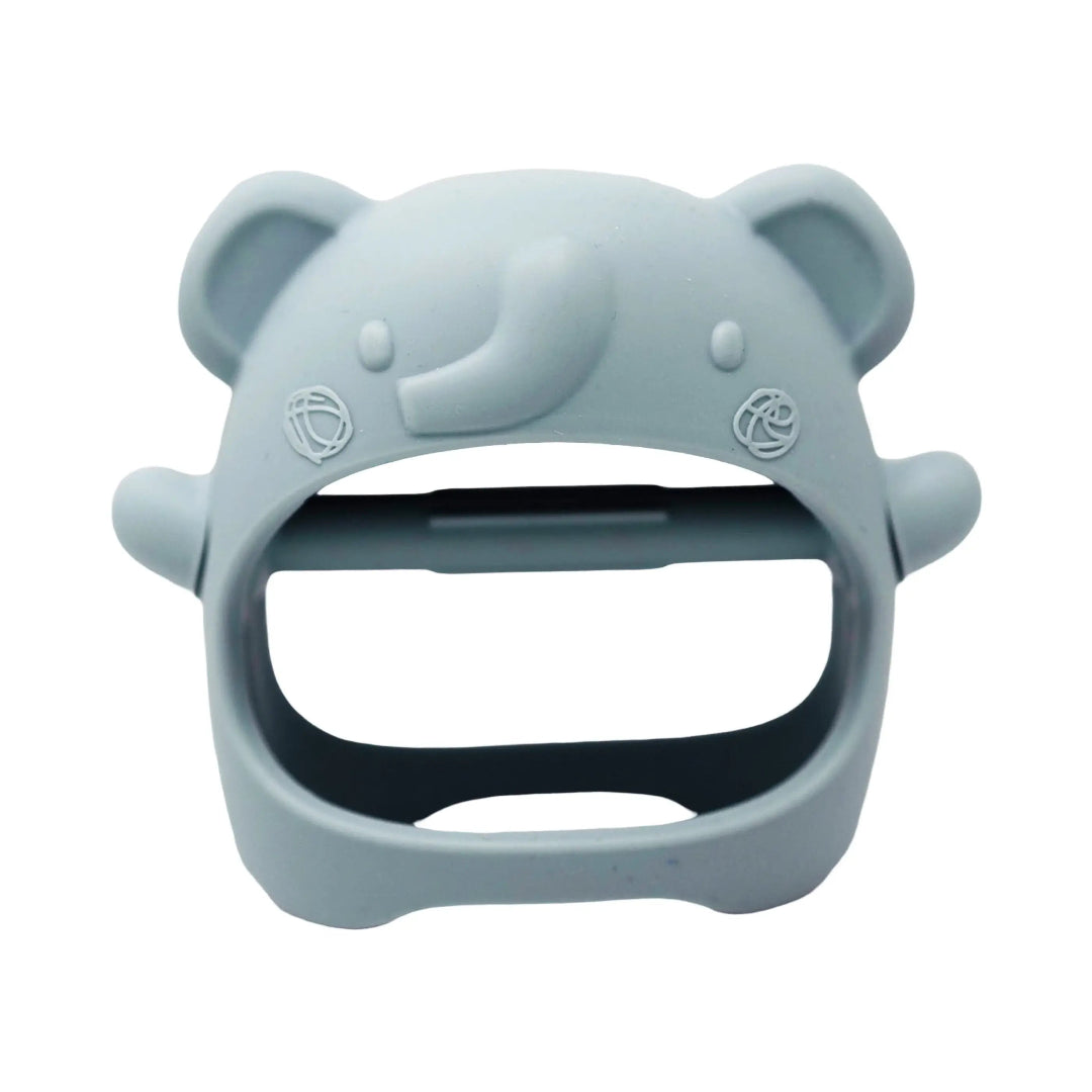 Gray elephant-shaped teether on a white background