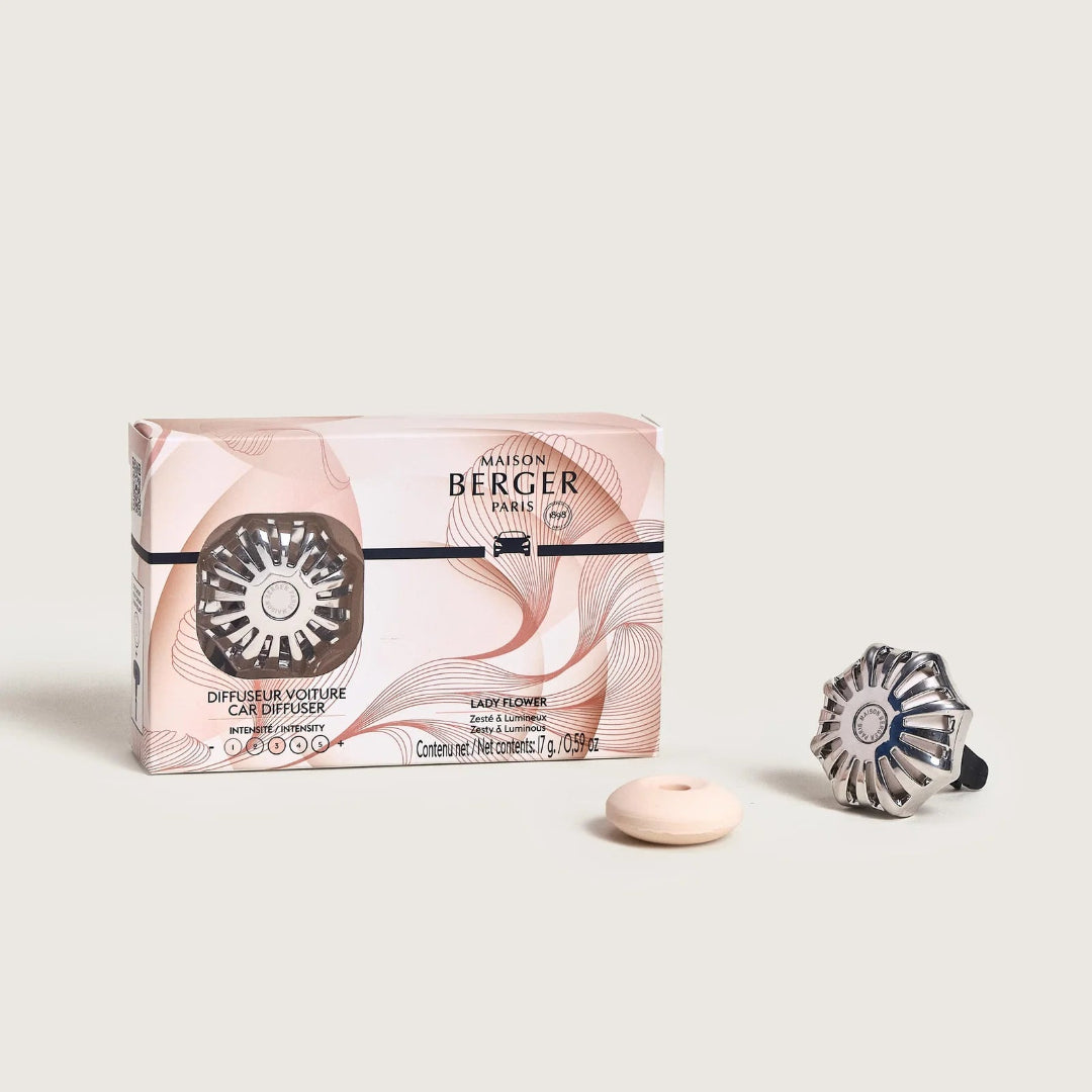 Car air freshener with packaging on a light gray background