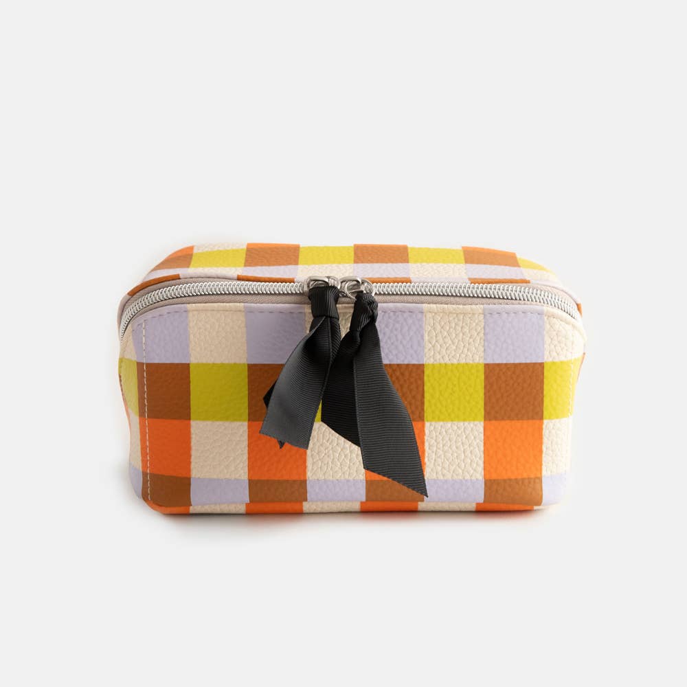 Checkered pouch with a black ribbon on a white background