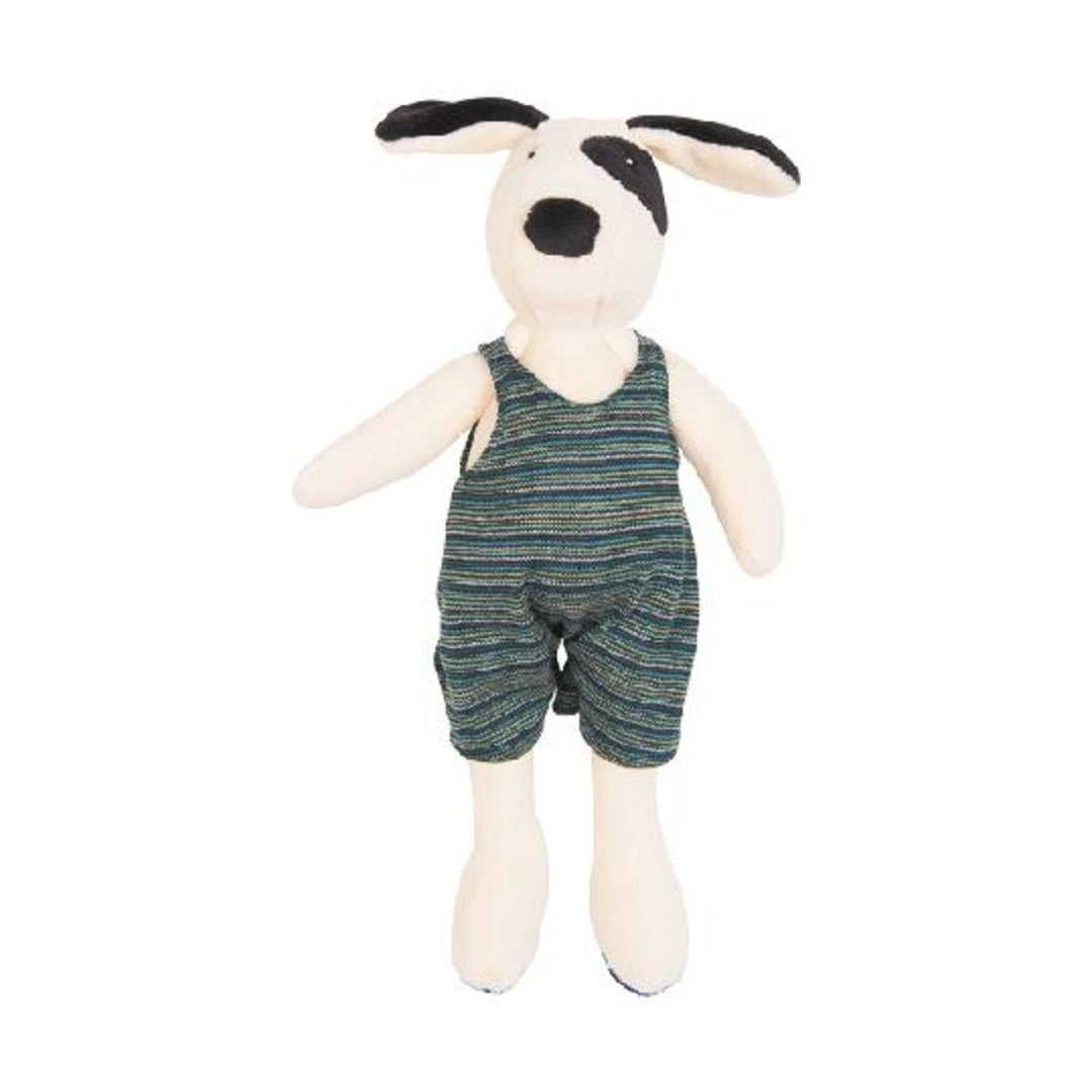 Stuffed animal toy with green overalls on a white background