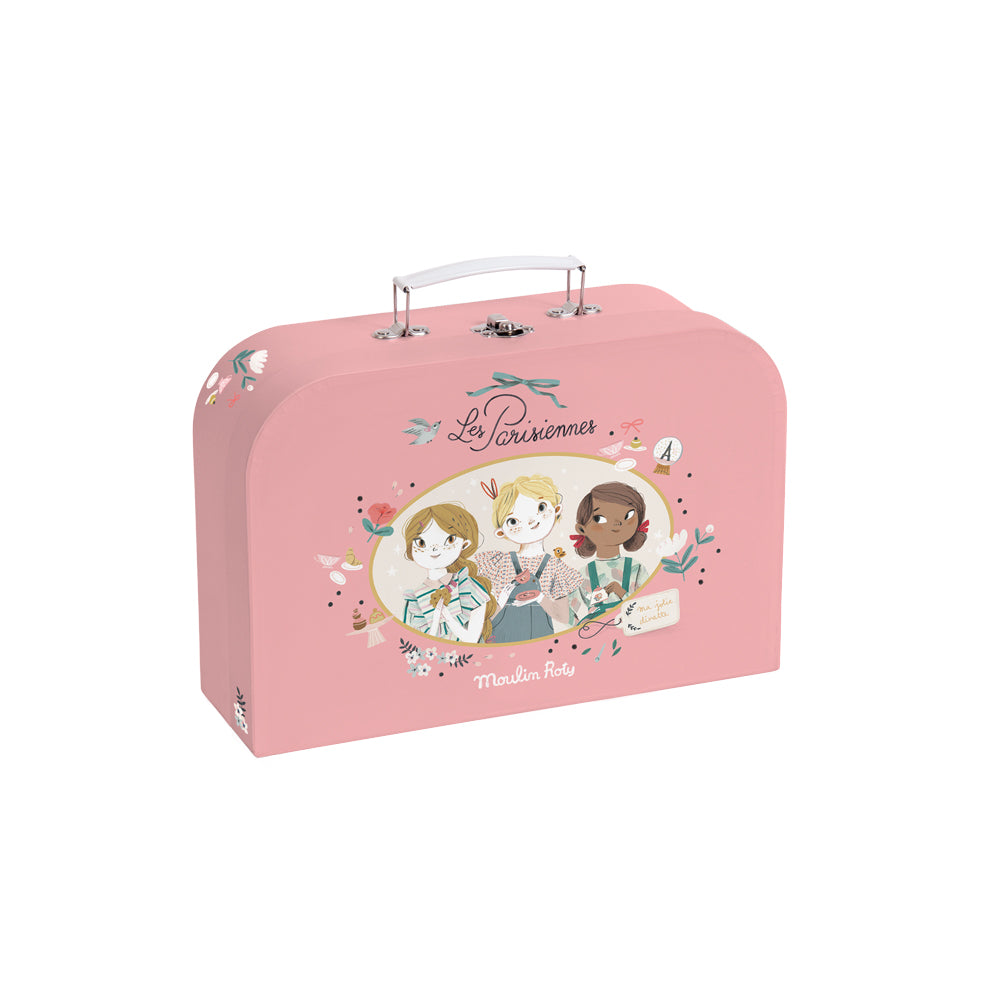 Pink suitcase with illustrations of three girls on a white background