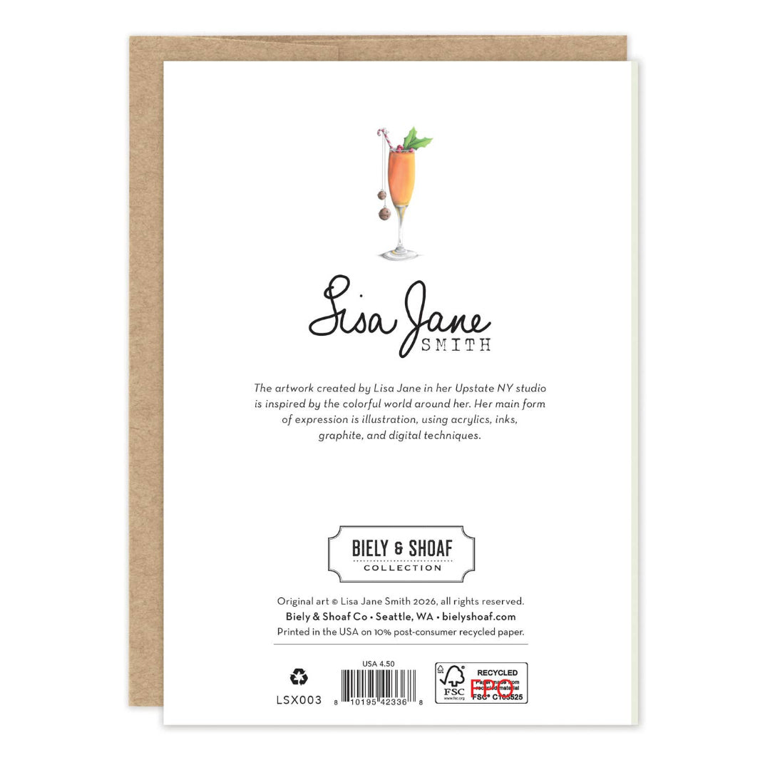 Back of a Biely & Shoaf Collection art print card by Lisa Jane Smith, featuring a cocktail illustration, artist name, description