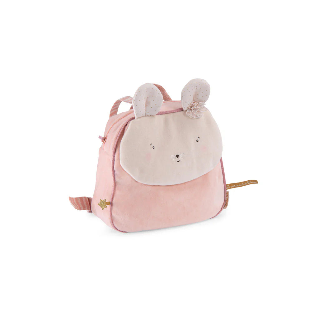 Pink backpack with a cartoon face and ears on a white background