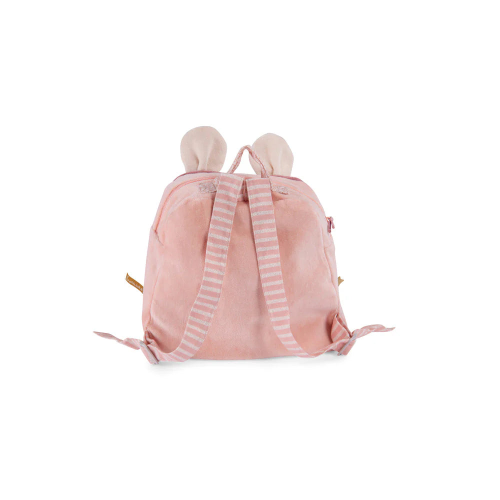Pink backpack with striped straps on a white background
