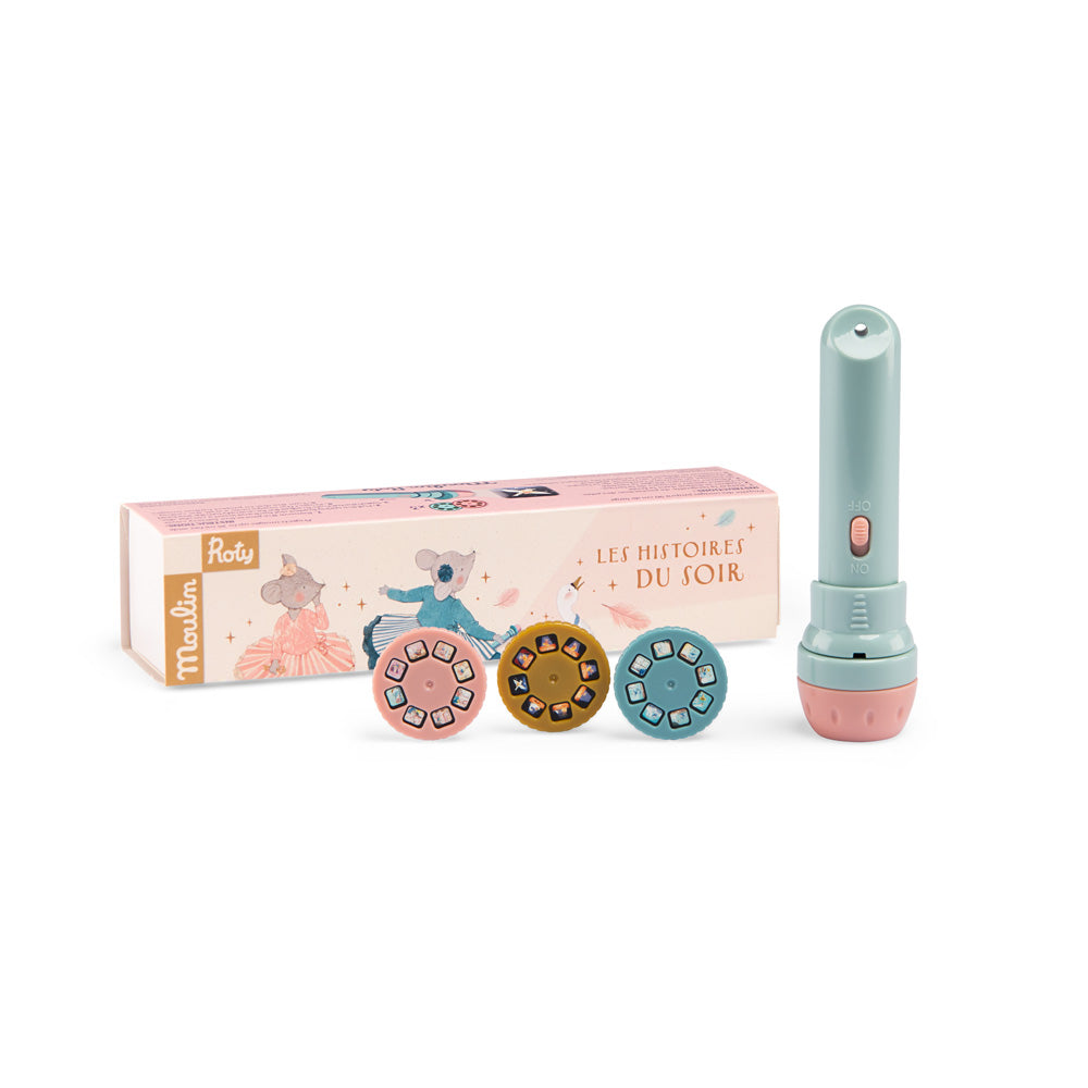 Children's flashlight with colorful buttons and packaging on a white background