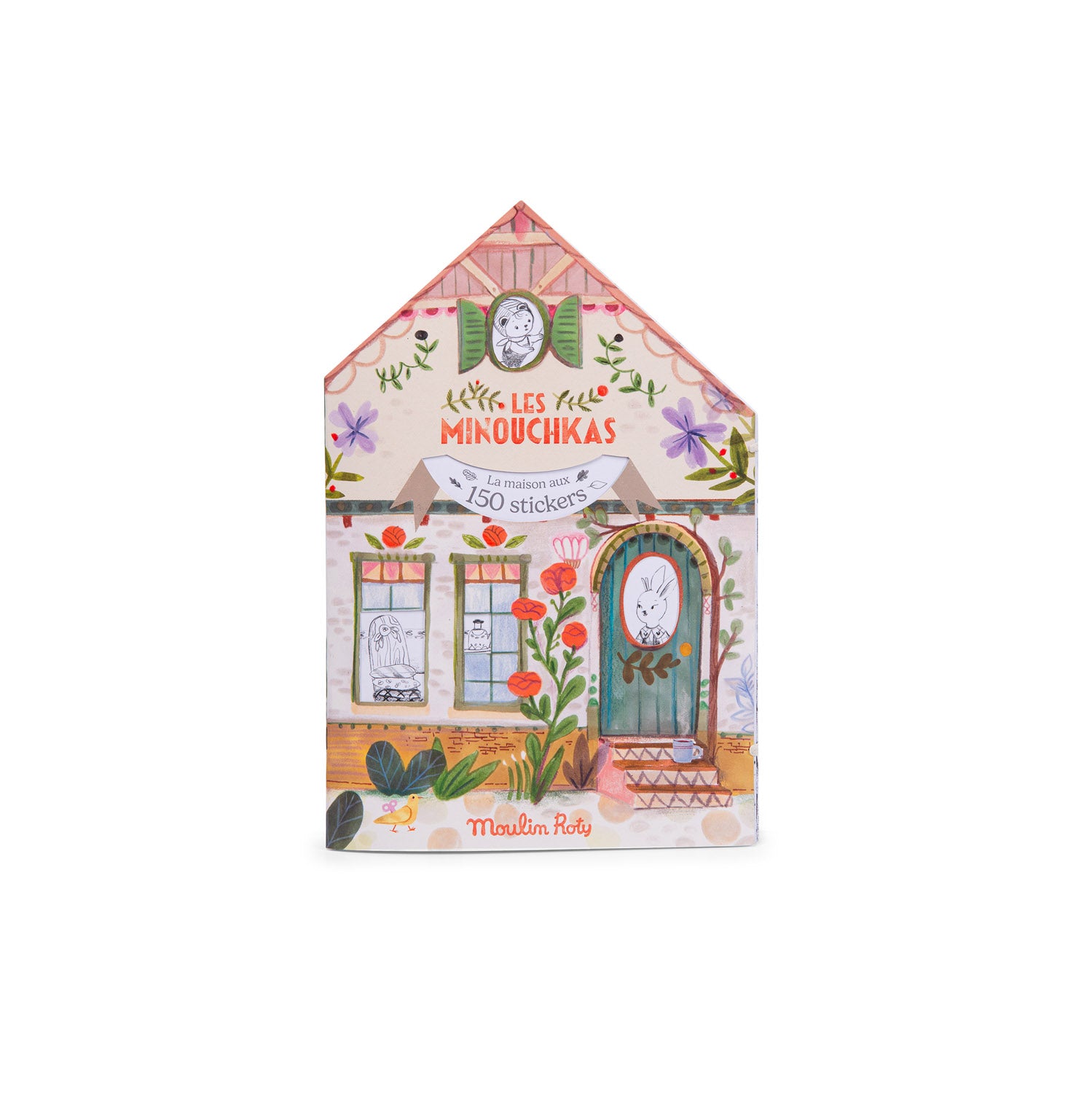Decorative house-shaped packaging with illustrations and text on a white background