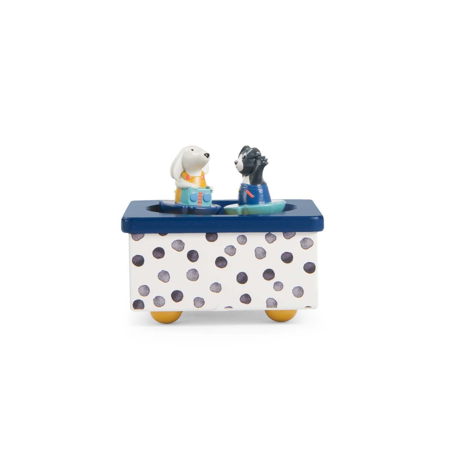 Decorative pot with two small dog figurines on a white background