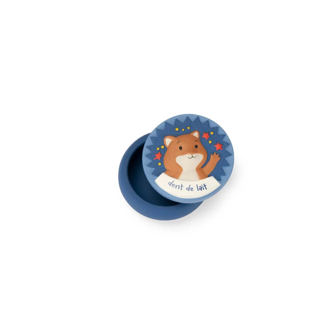 Blue children's tooth fairy box with a cartoon design on a white background