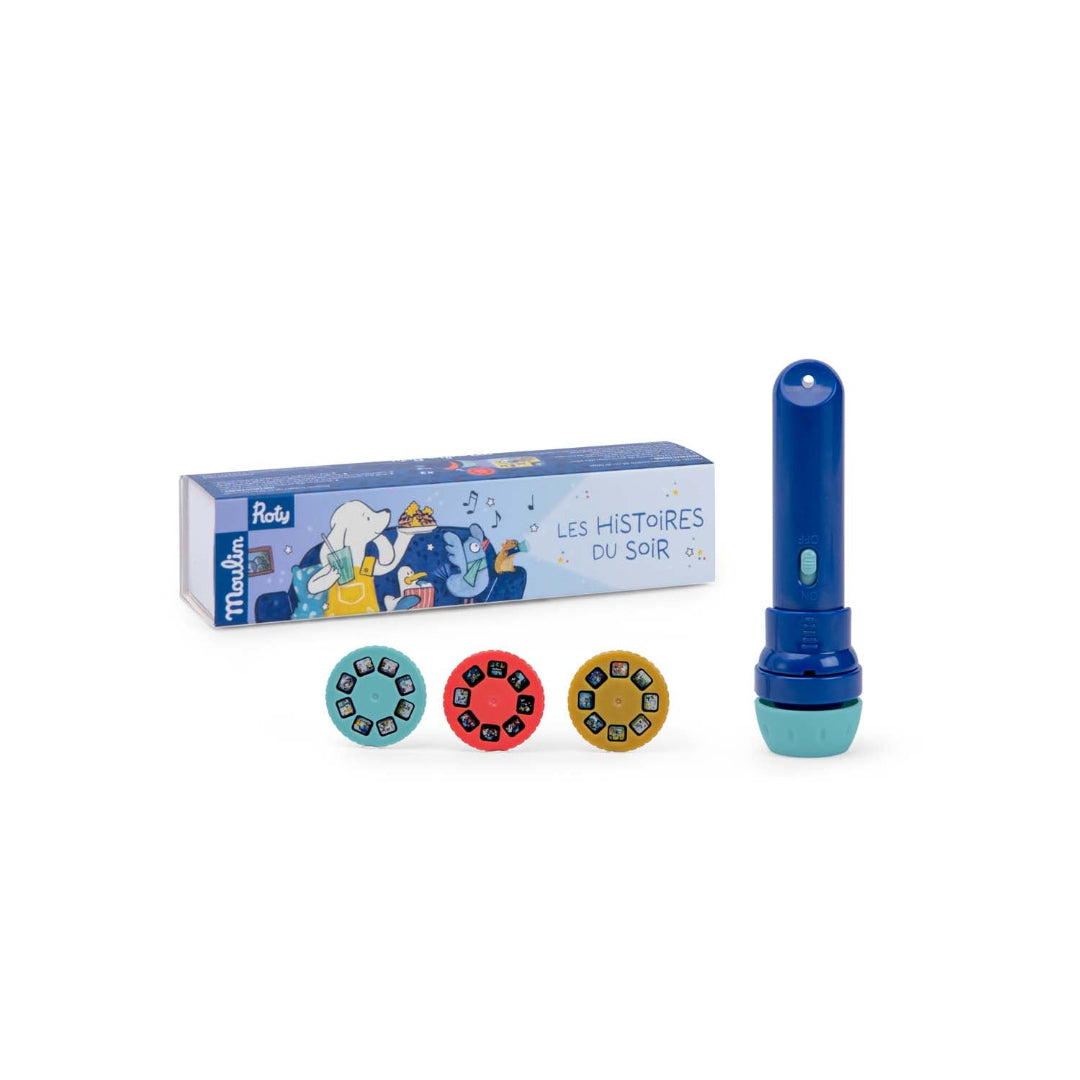 Children's storybook flashlight set with colorful reels and packaging on a white background