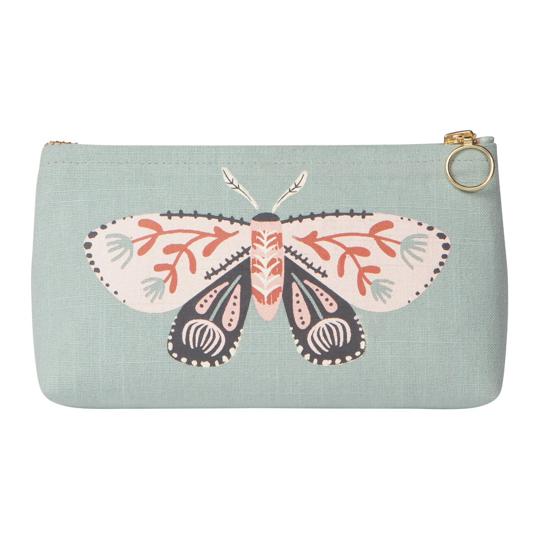 Pouch with a moth design on a light blue background