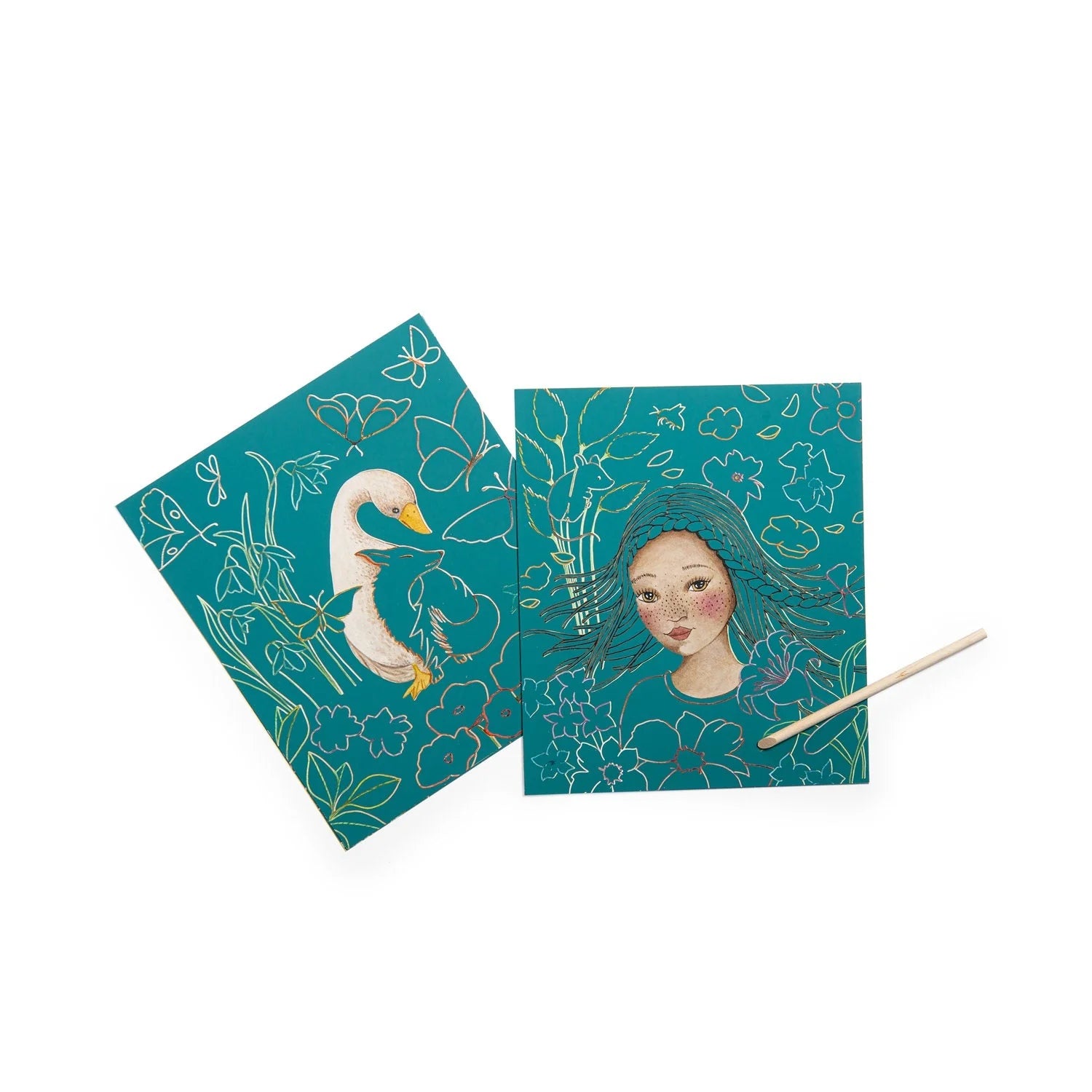 Two teal greeting cards with artistic illustrations on a white background