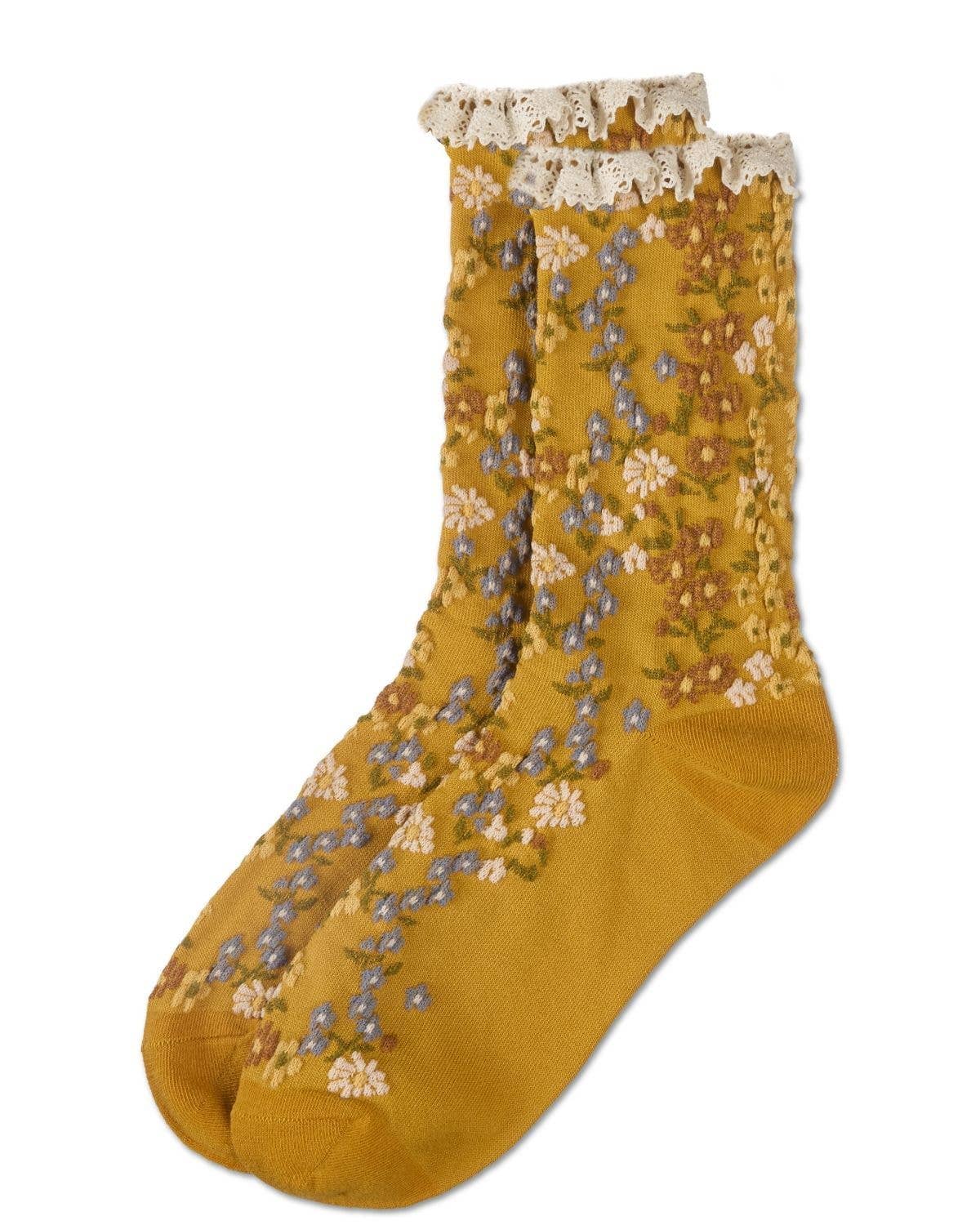 Liberty Floral Lace Cuff Crew: Mustard