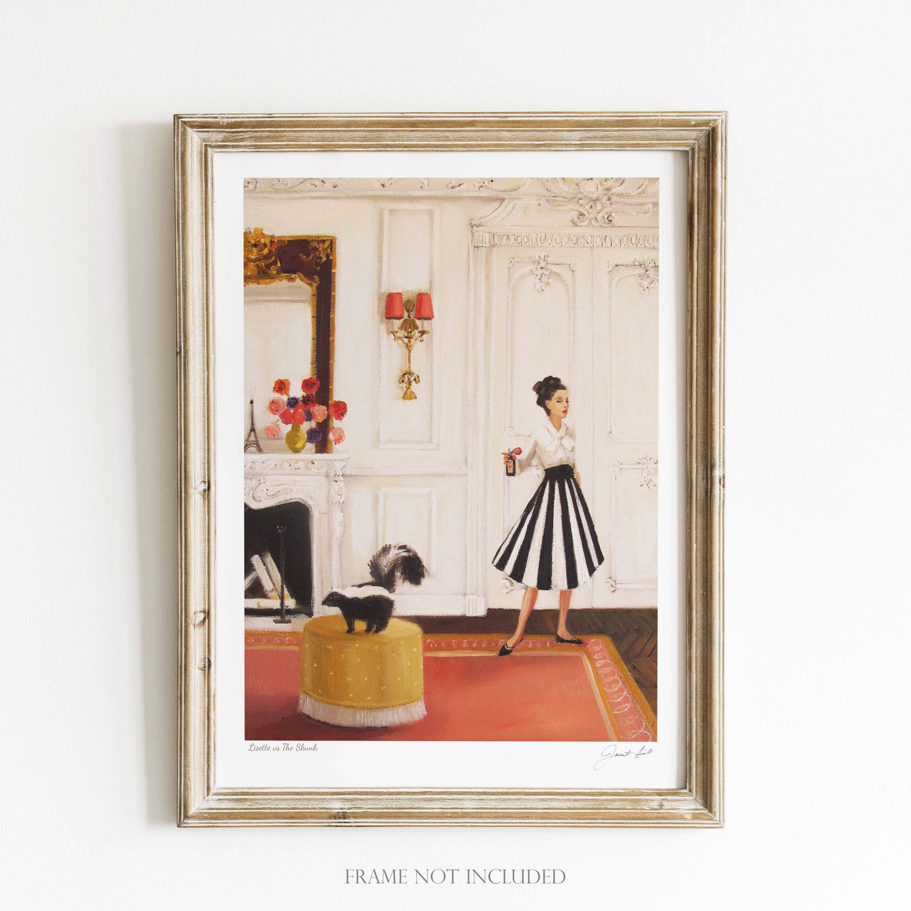A framed art print featuring a historical or vintage-style woman in a room with a skunk, holding a cup, and a small dog. The frame is wooden and the artwork is signed by Janet Hill.