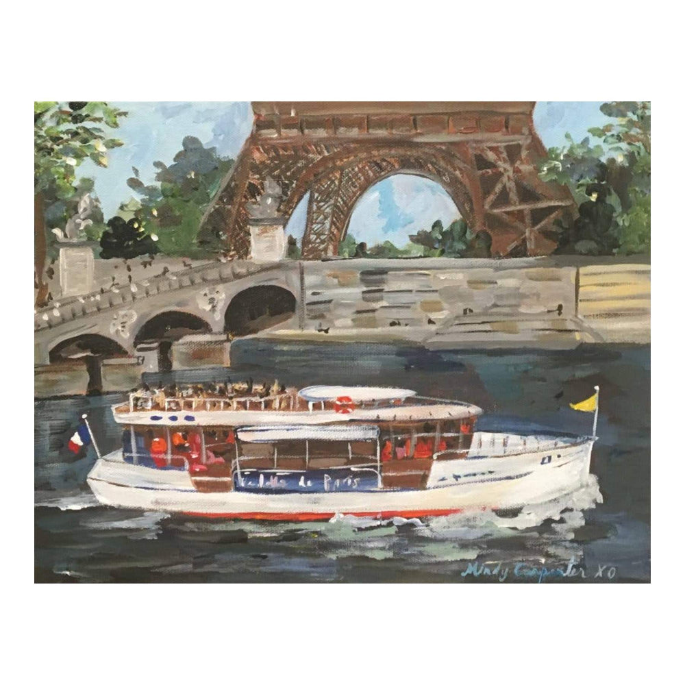 Painting of a boat on a river with the Eiffel Tower in the background