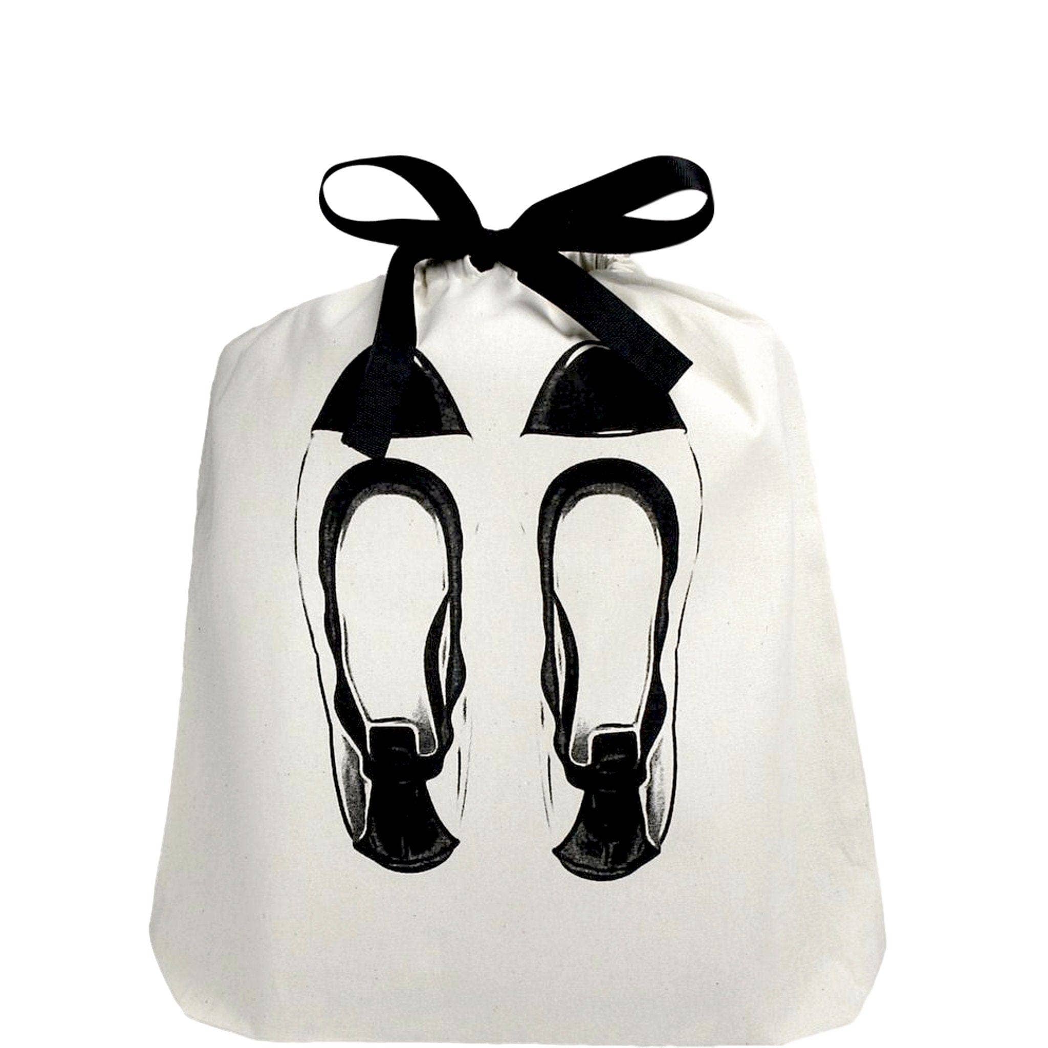 A white cream-colored shoe bag with a drawstring closure, featuring a printed design of ballet flats on the front.