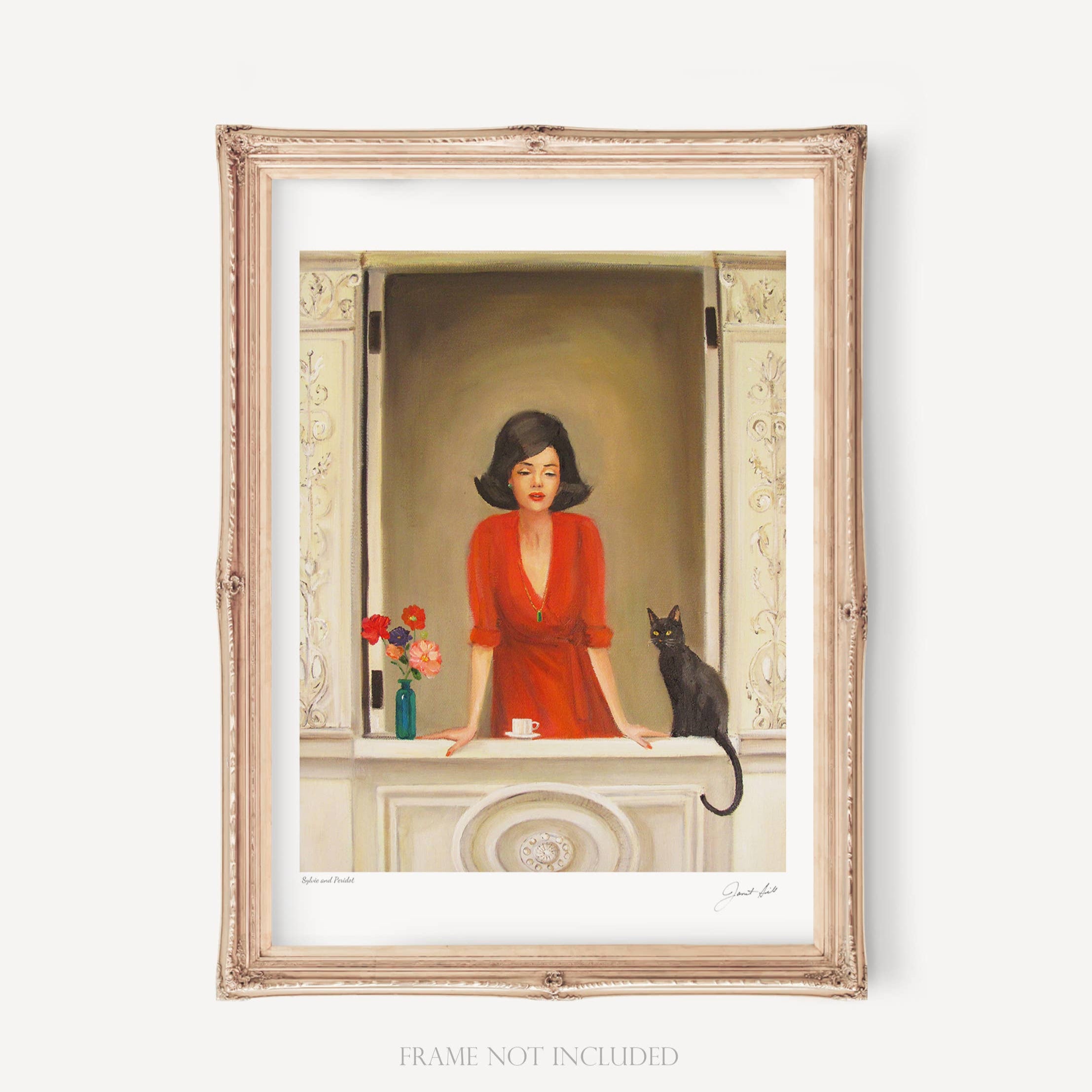 Art print depicting a person in a red dress sitting by an open window with a cat on the windowsill, flowers and books in the scene. The artwork is presented in a framed style with a white background.