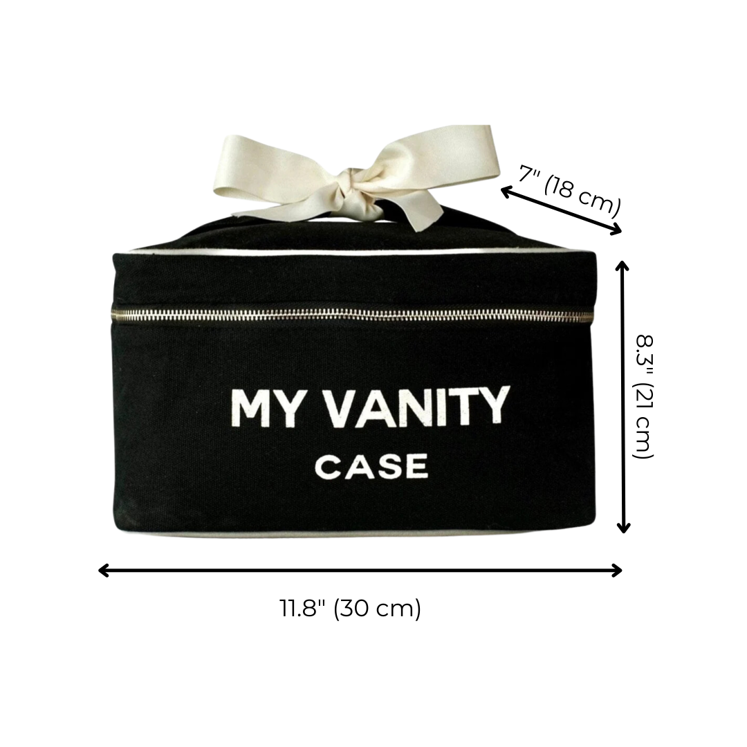 Black vanity case with measurements around it on a white background