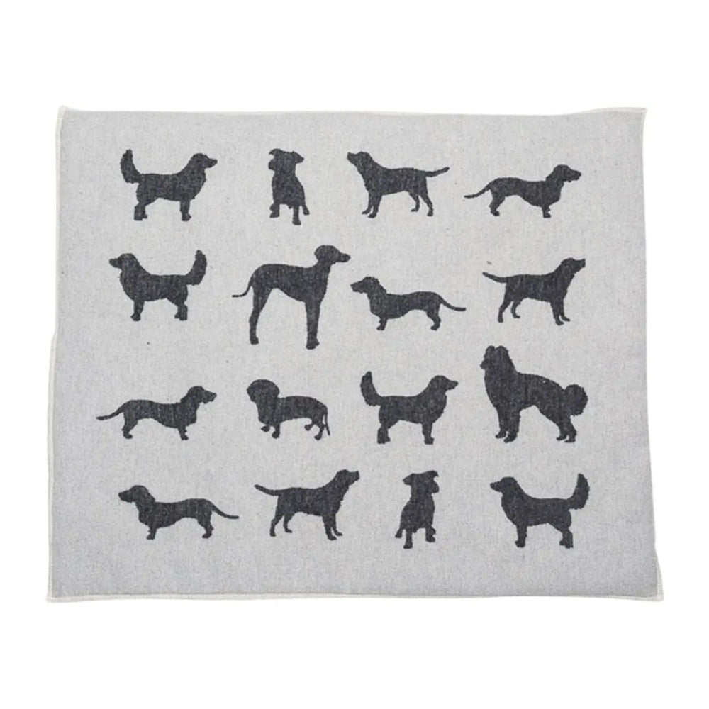 Gray towel with black dog illustrations on a white background