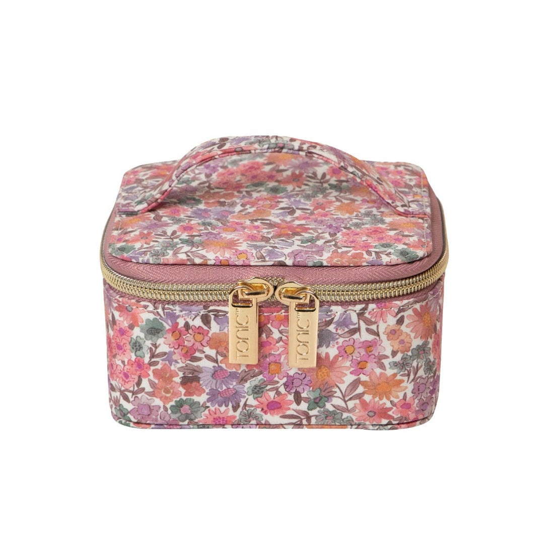 Floral patterned travel case with gold zippers on a white background